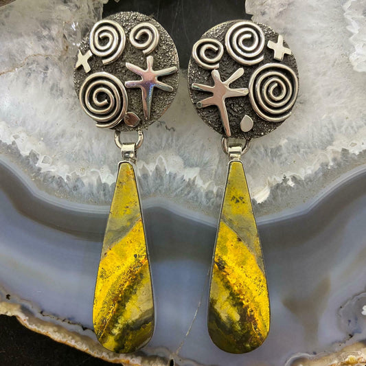 Alex Sanchez Sterling Silver Bumblebee Jasper Petroglyph Drop Earrings For Women - Mountain Of Jewels