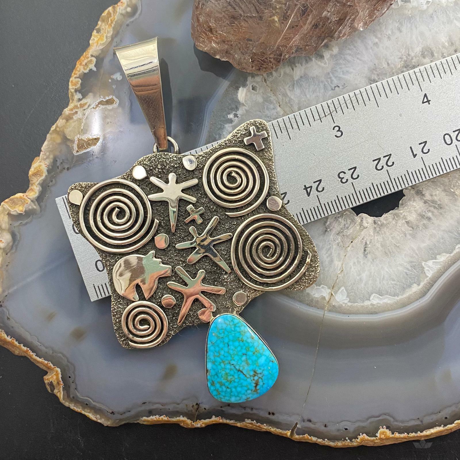 Alex Sanchez Sterling Silver Turquoise Petroglyph Unisex Long and Unique Pendant - Mountain of Jewels