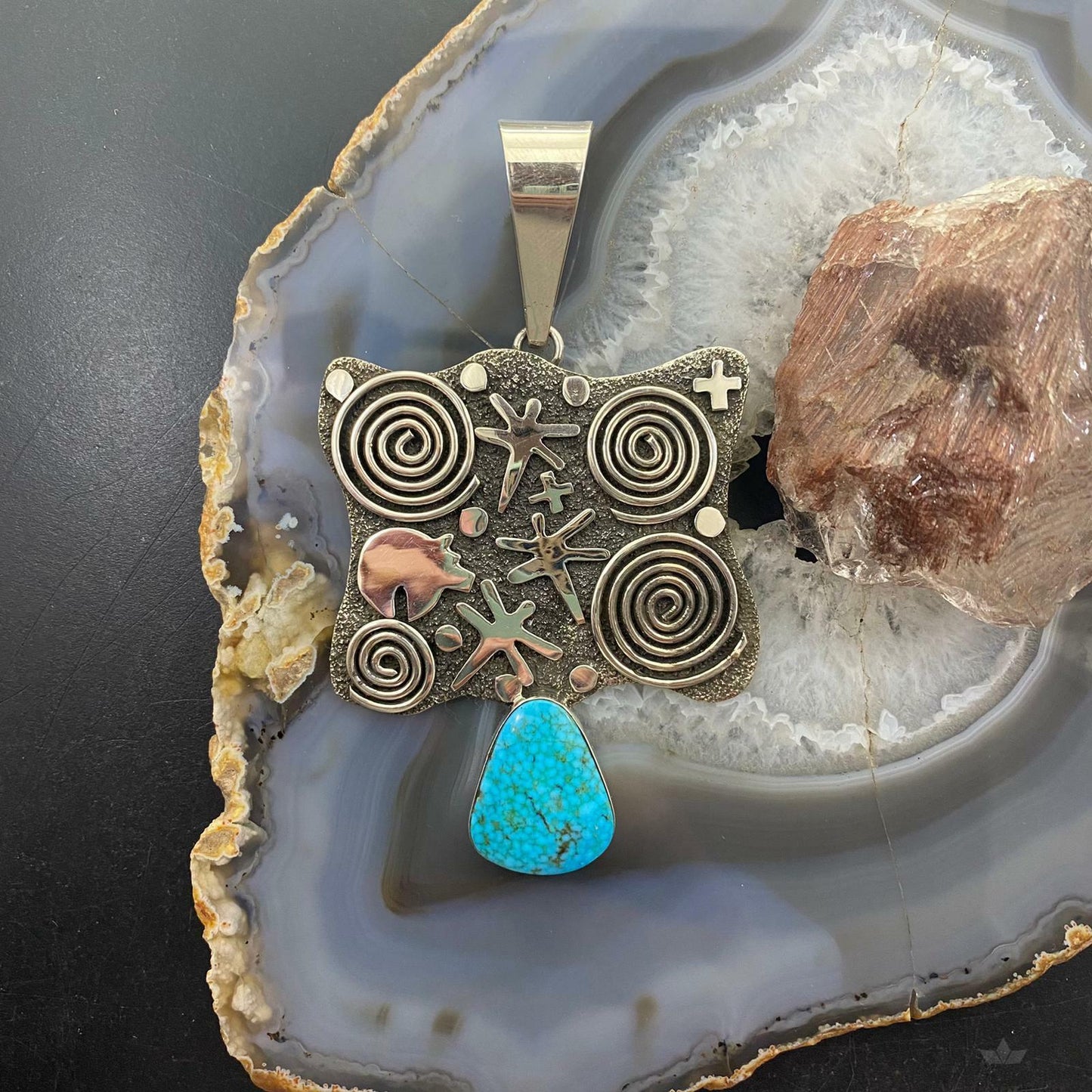 Alex Sanchez Sterling Silver Turquoise Petroglyph Unisex Long and Unique Pendant - Mountain of Jewels