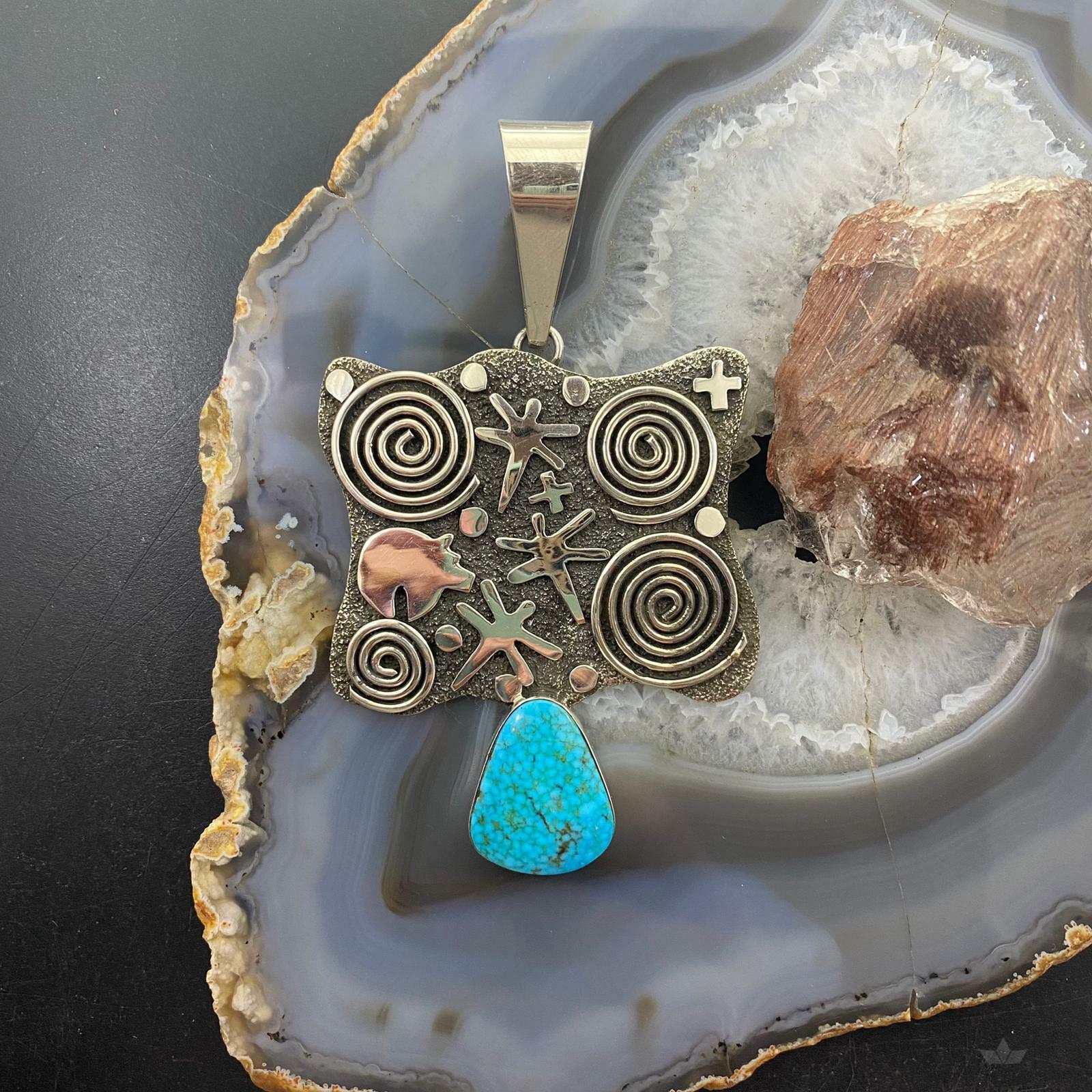 Alex Sanchez Sterling Silver Turquoise Petroglyph Unisex Long and Unique Pendant - Mountain of Jewels