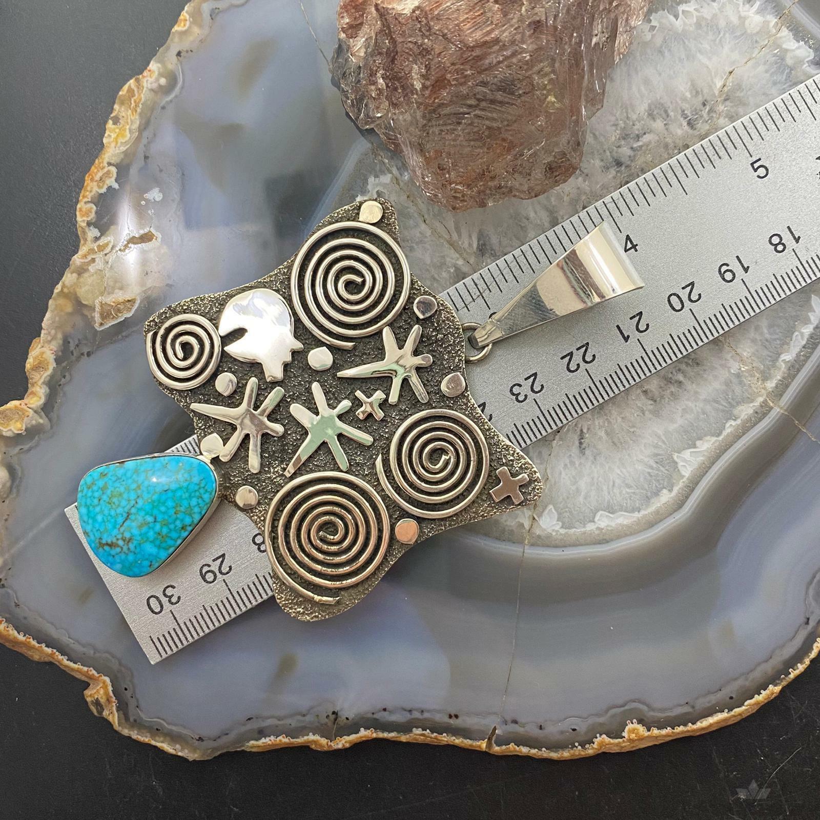 Alex Sanchez Sterling Silver Turquoise Petroglyph Unisex Long and Unique Pendant - Mountain of Jewels
