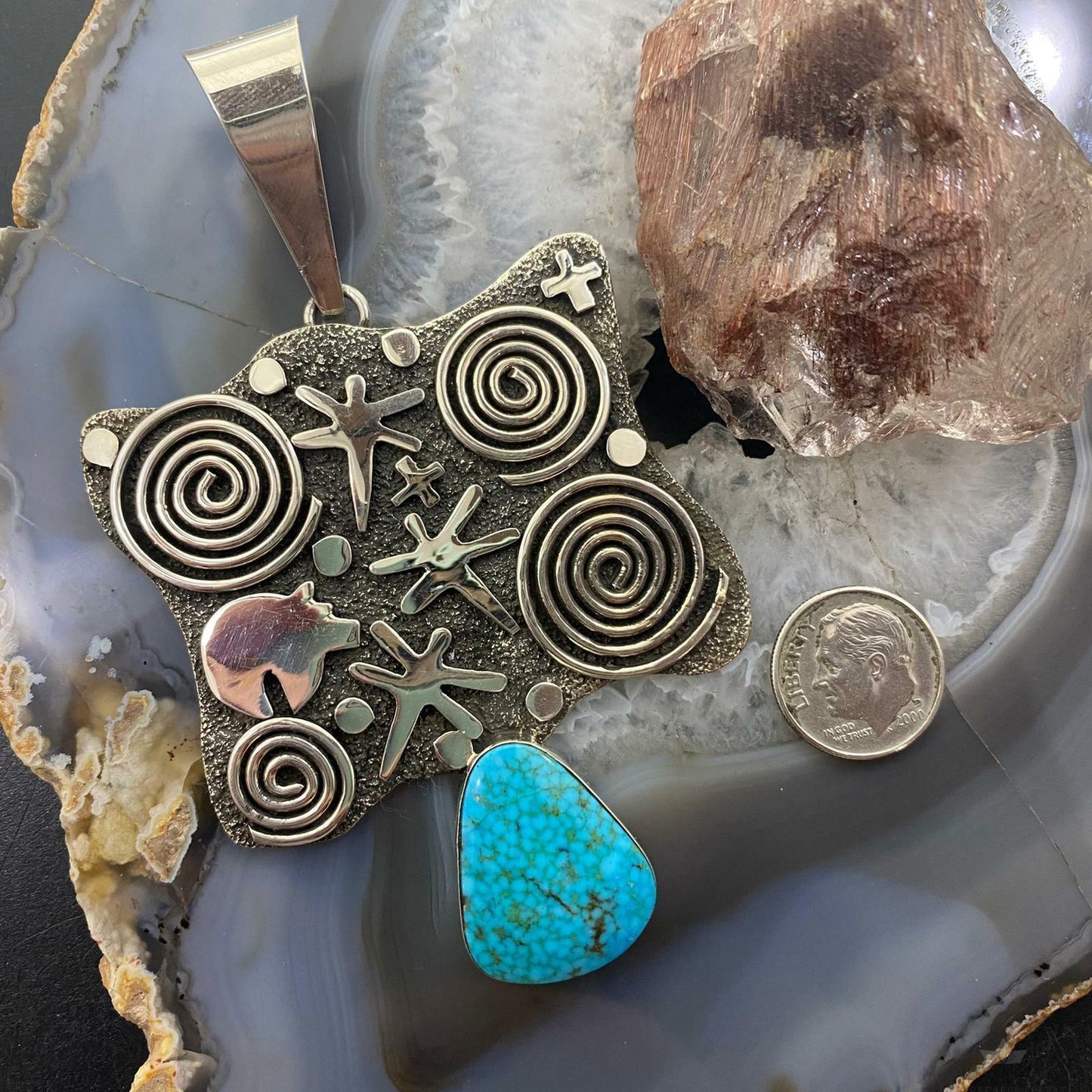 Alex Sanchez Sterling Silver Turquoise Petroglyph Unisex Long and Unique Pendant - Mountain of Jewels