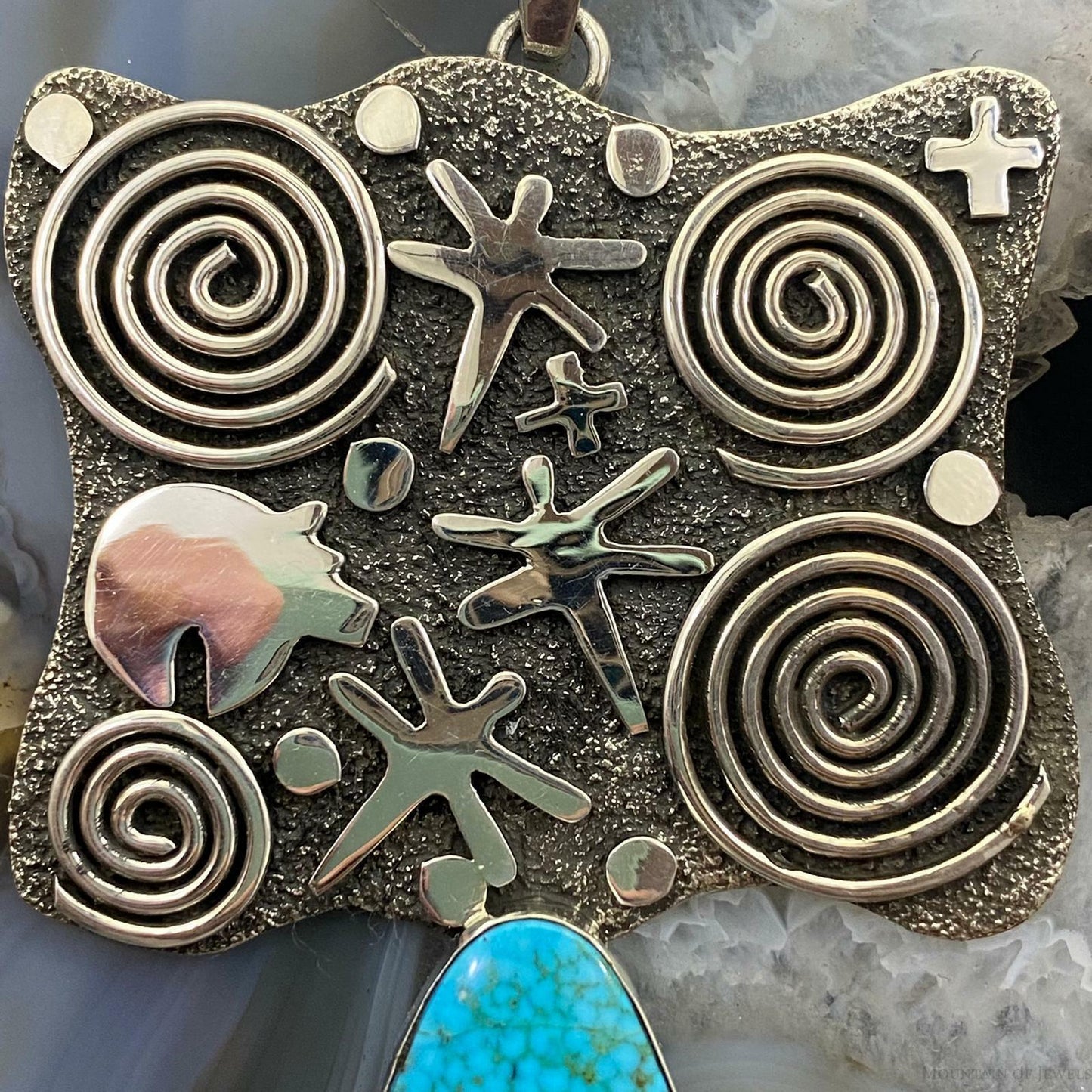Alex Sanchez Sterling Silver Turquoise Petroglyph Unisex Long and Unique Pendant - Mountain of Jewels
