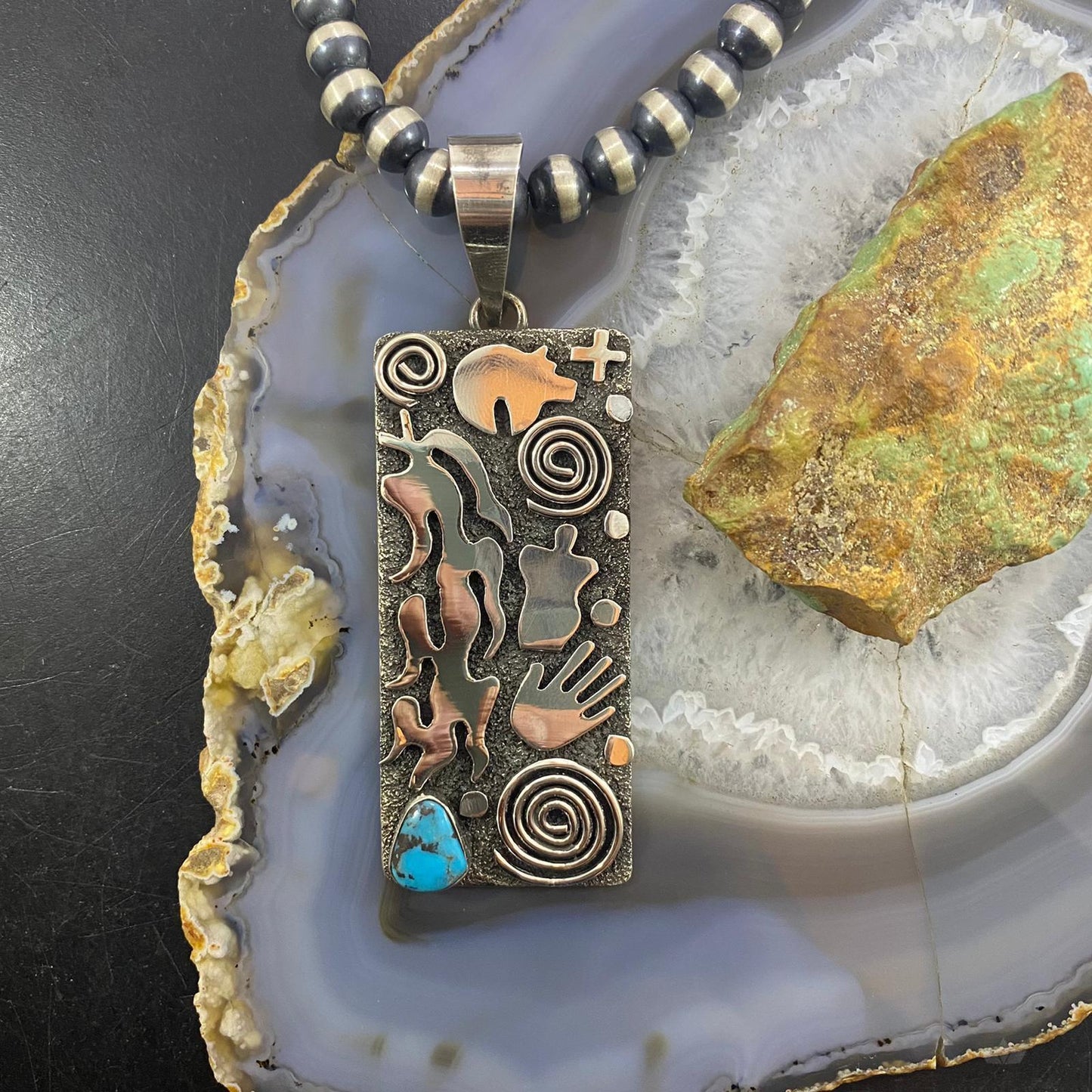 Alex Sanchez Sterling Silver Turquoise Rectangle Petroglyph Unisex Pendant #1 - Mountain of Jewels