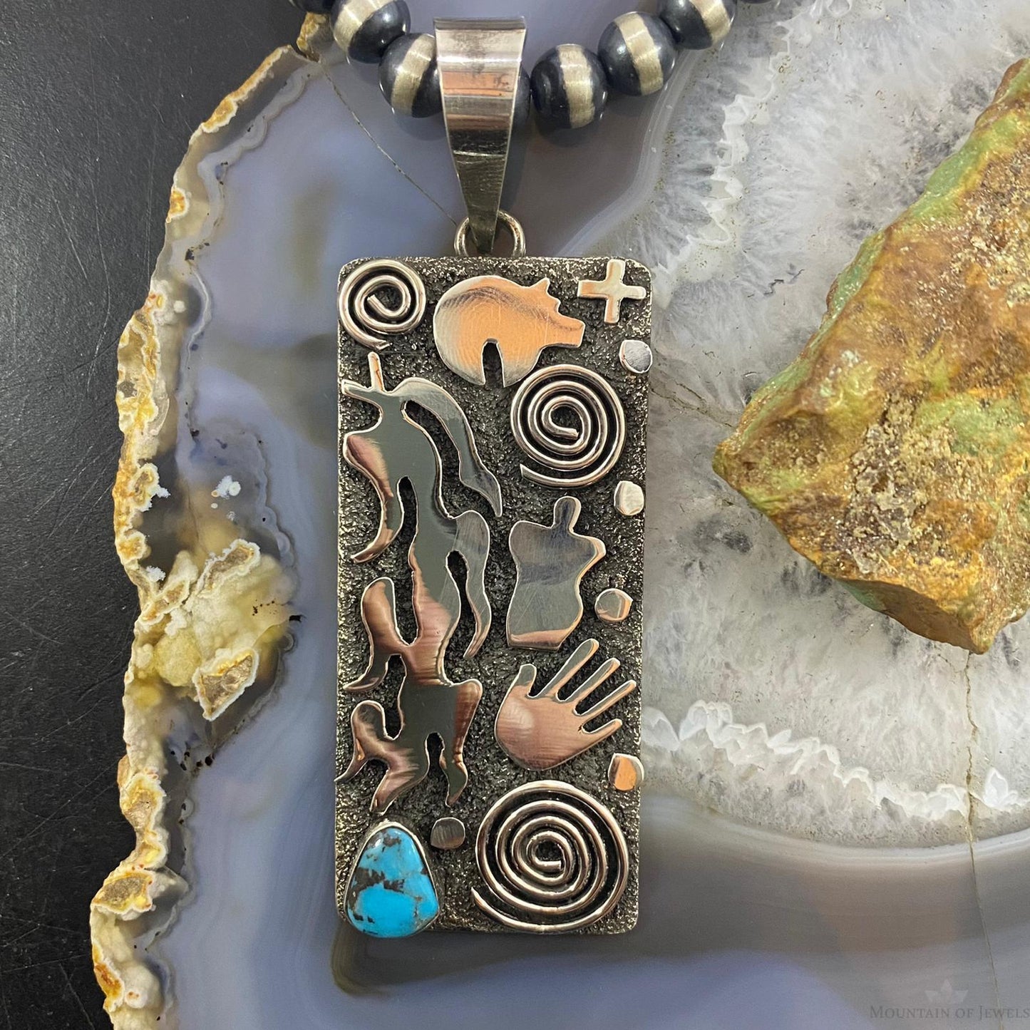 Alex Sanchez Sterling Silver Turquoise Rectangle Petroglyph Unisex Pendant #1 - Mountain of Jewels