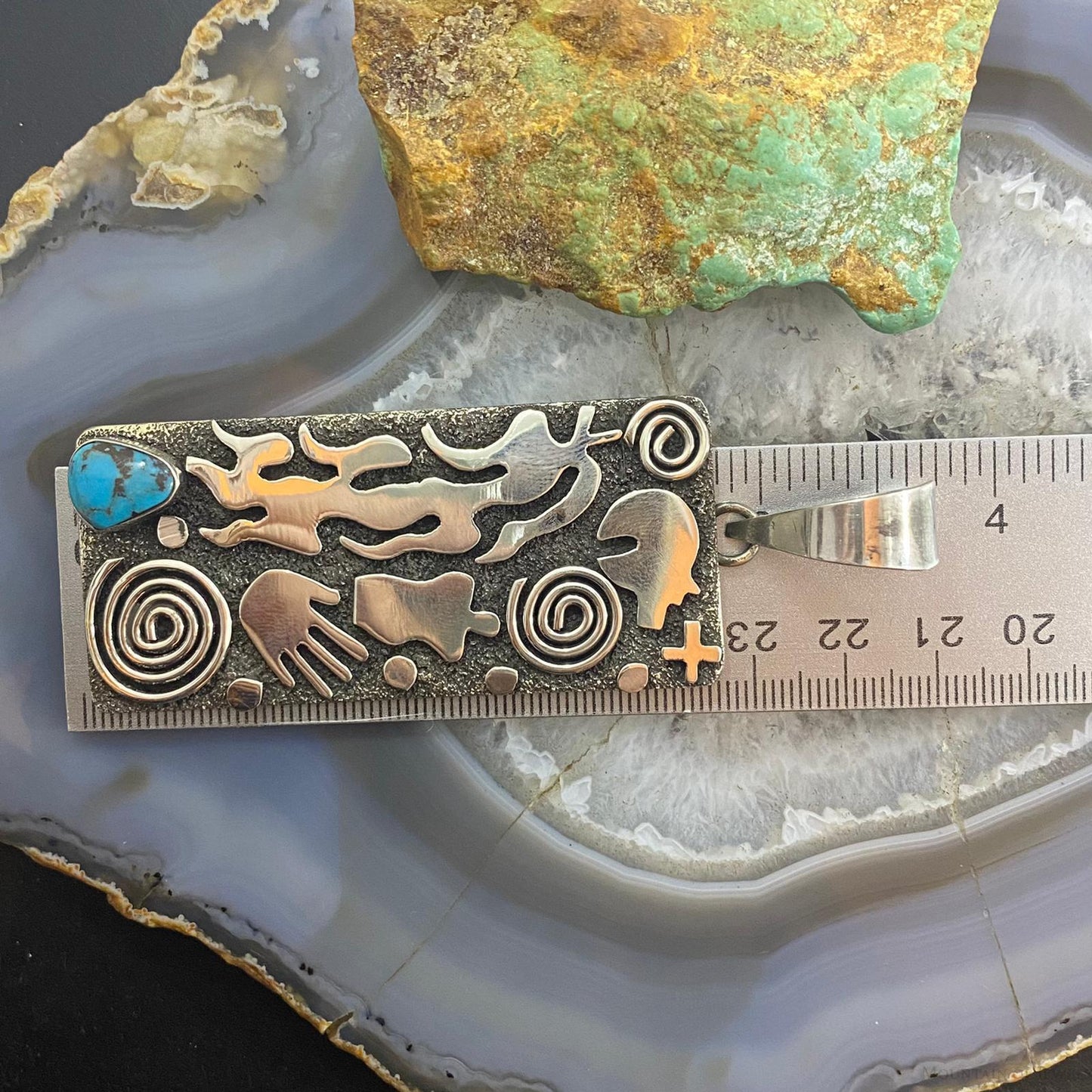 Alex Sanchez Sterling Silver Turquoise Rectangle Petroglyph Unisex Pendant #1 - Mountain of Jewels