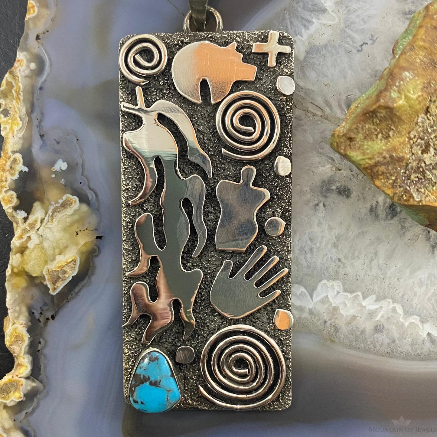 Alex Sanchez Sterling Silver Turquoise Rectangle Petroglyph Unisex Pendant #1 - Mountain of Jewels