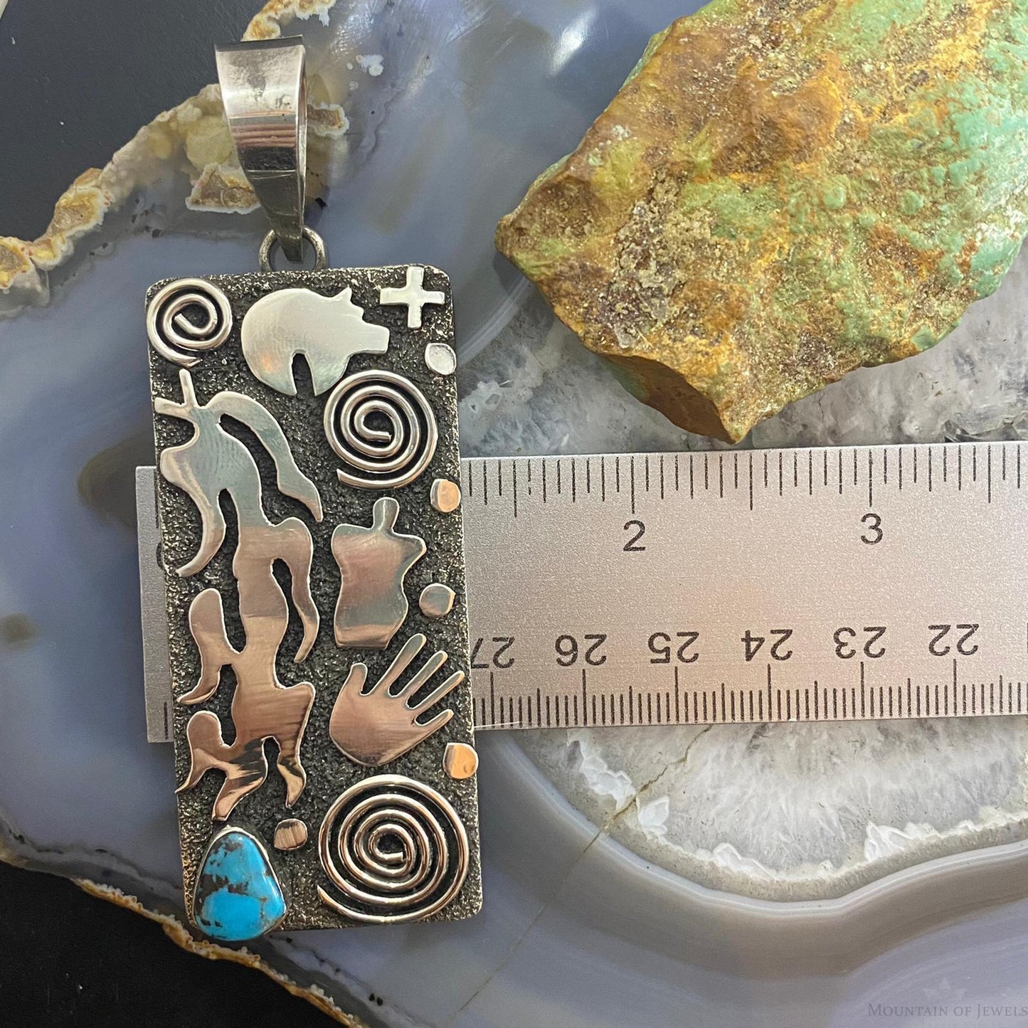 Alex Sanchez Sterling Silver Turquoise Rectangle Petroglyph Unisex Pendant #1 - Mountain of Jewels
