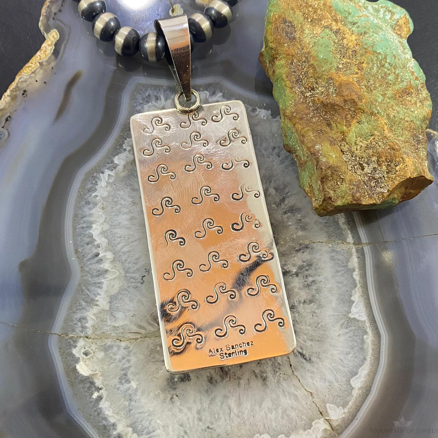 Alex Sanchez Sterling Silver Turquoise Rectangle Petroglyph Unisex Pendant #1 - Mountain of Jewels