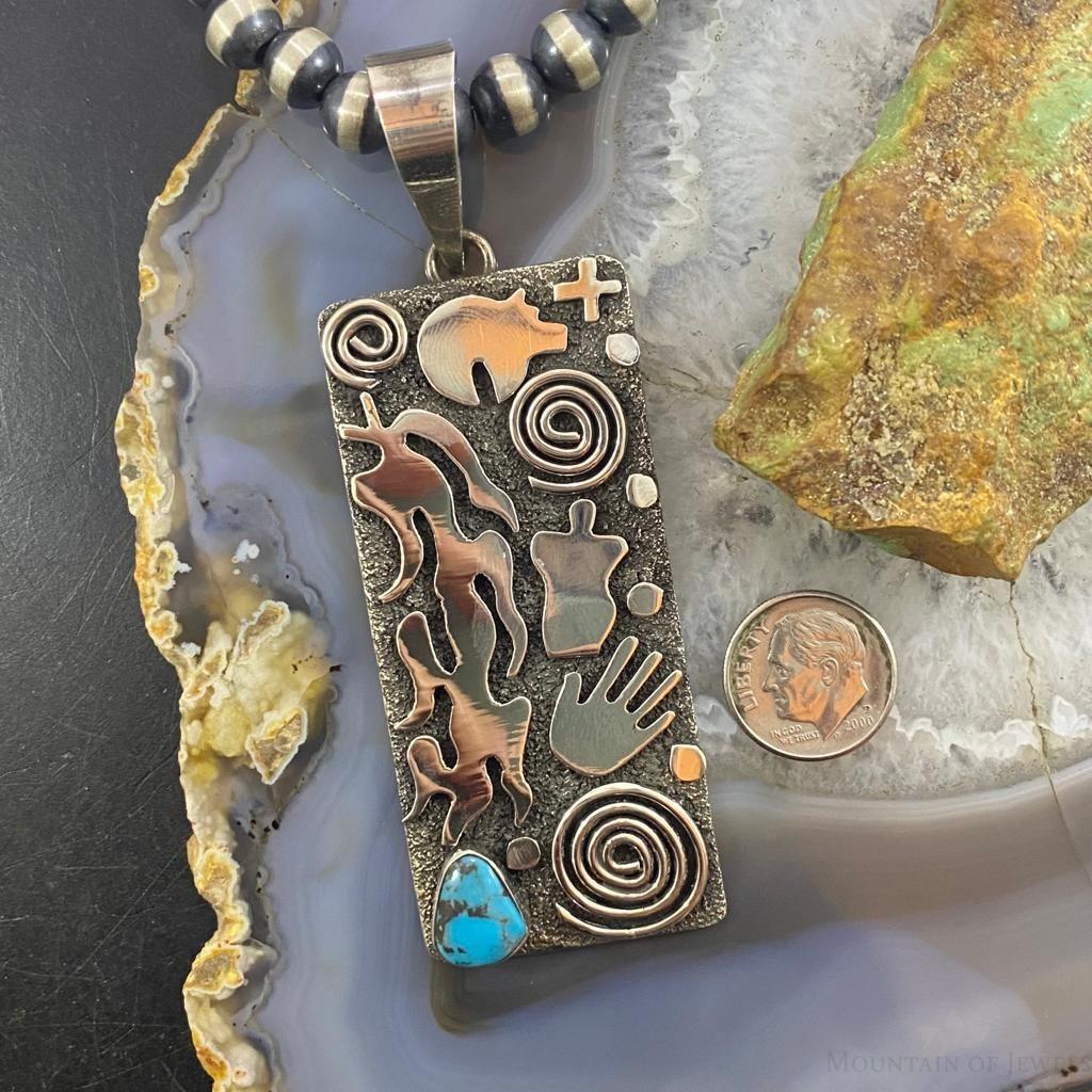 Alex Sanchez Sterling Silver Turquoise Rectangle Petroglyph Unisex Pendant #1 - Mountain of Jewels