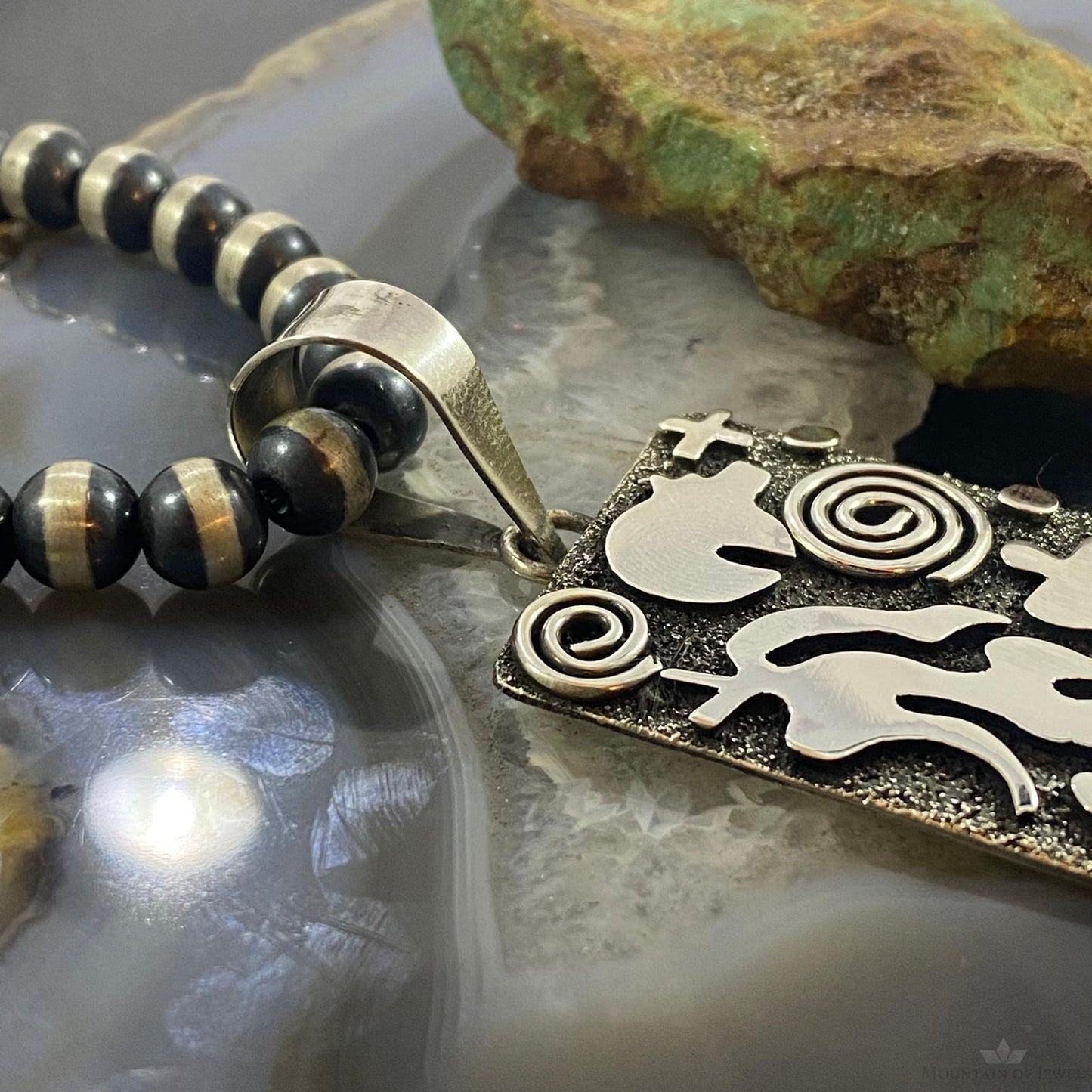 Alex Sanchez Sterling Silver Turquoise Rectangle Petroglyph Unisex Pendant #1 - Mountain of Jewels
