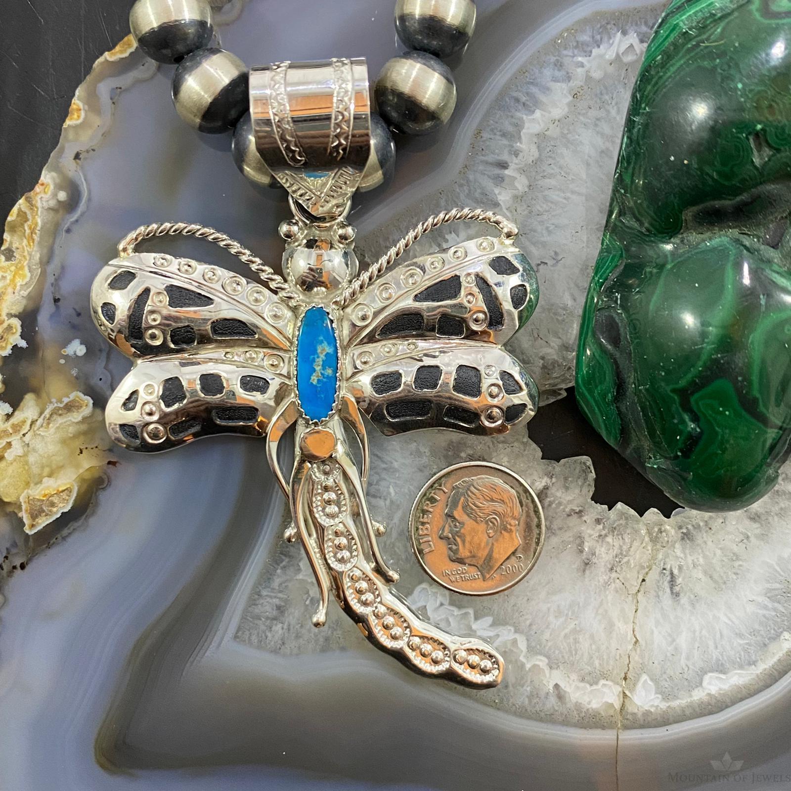 Alonzo Mariano Native American Sterling Kingman Turquoise Dragonfly Pendant - Mountain of Jewels