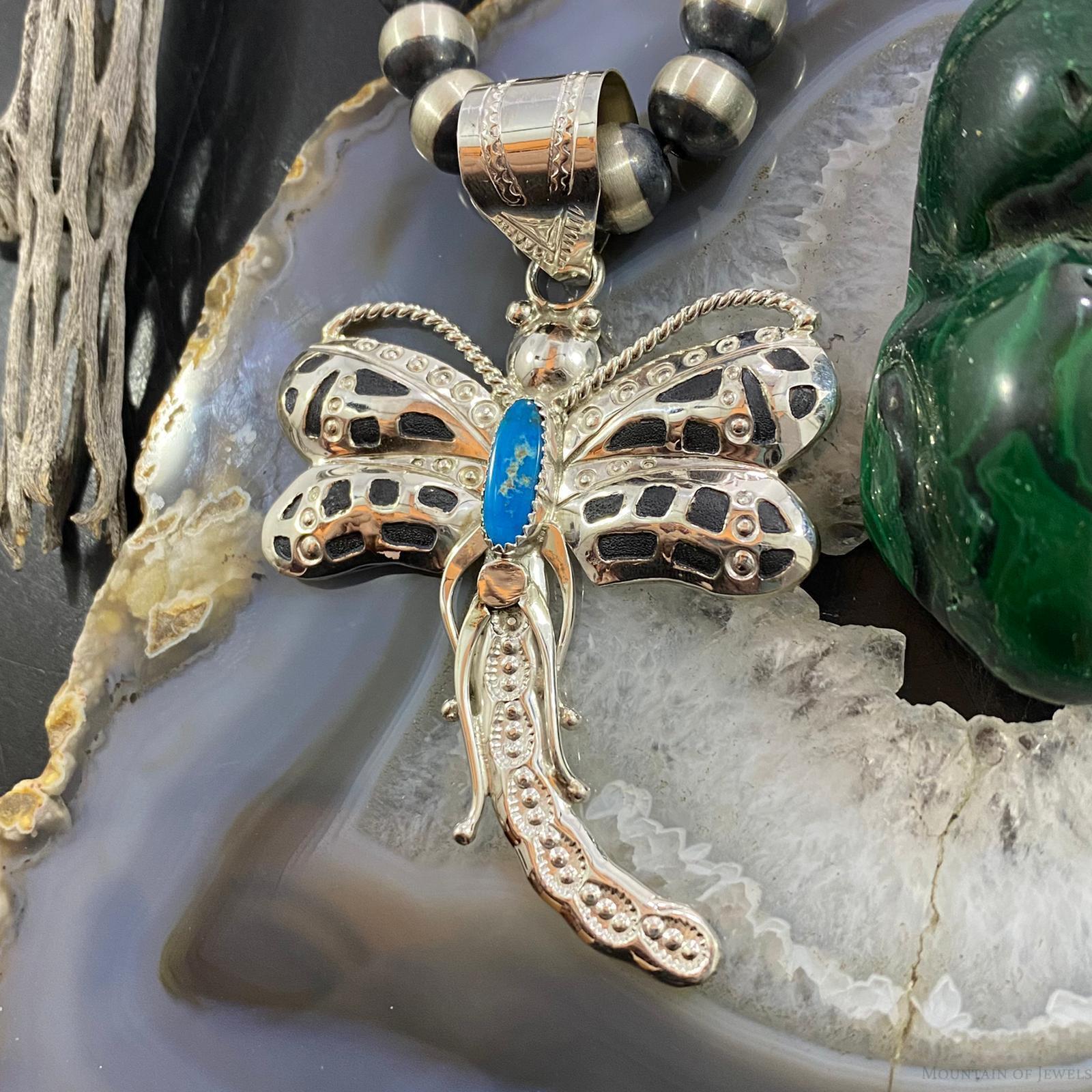Alonzo Mariano Native American Sterling Kingman Turquoise Dragonfly Pendant - Mountain of Jewels