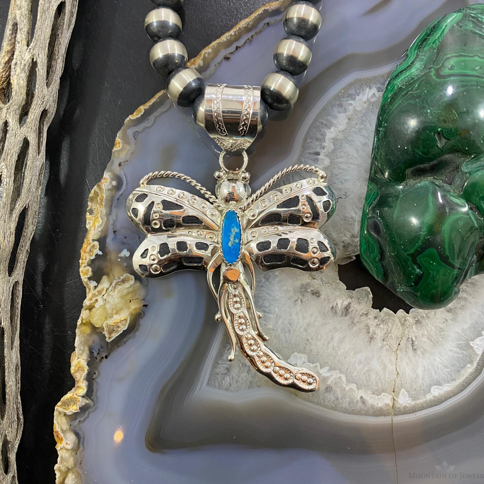 Alonzo Mariano Native American Sterling Kingman Turquoise Dragonfly Pendant - Mountain of Jewels