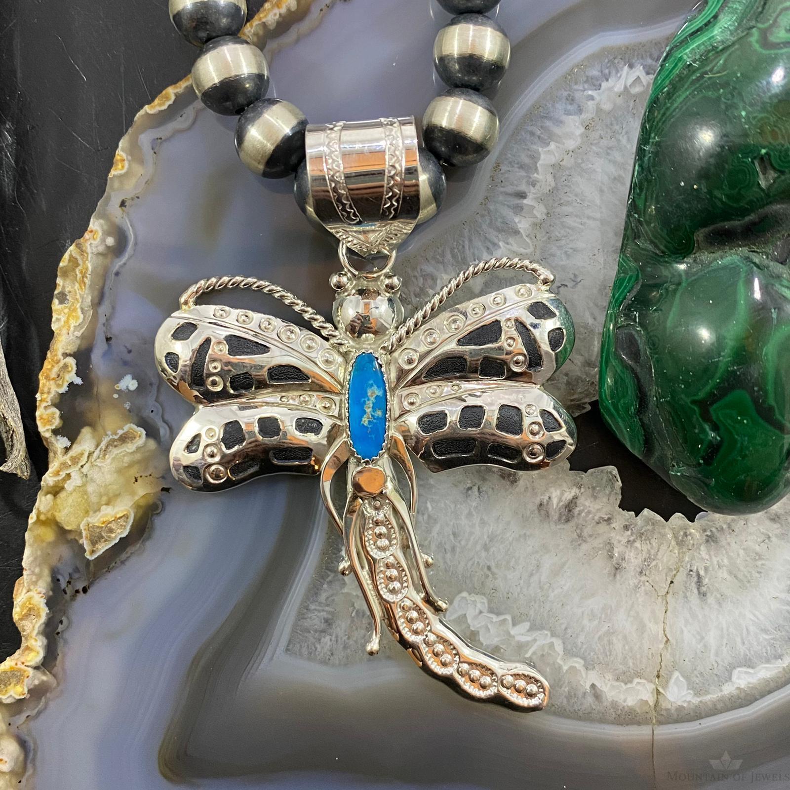 Alonzo Mariano Native American Sterling Kingman Turquoise Dragonfly Pendant - Mountain of Jewels
