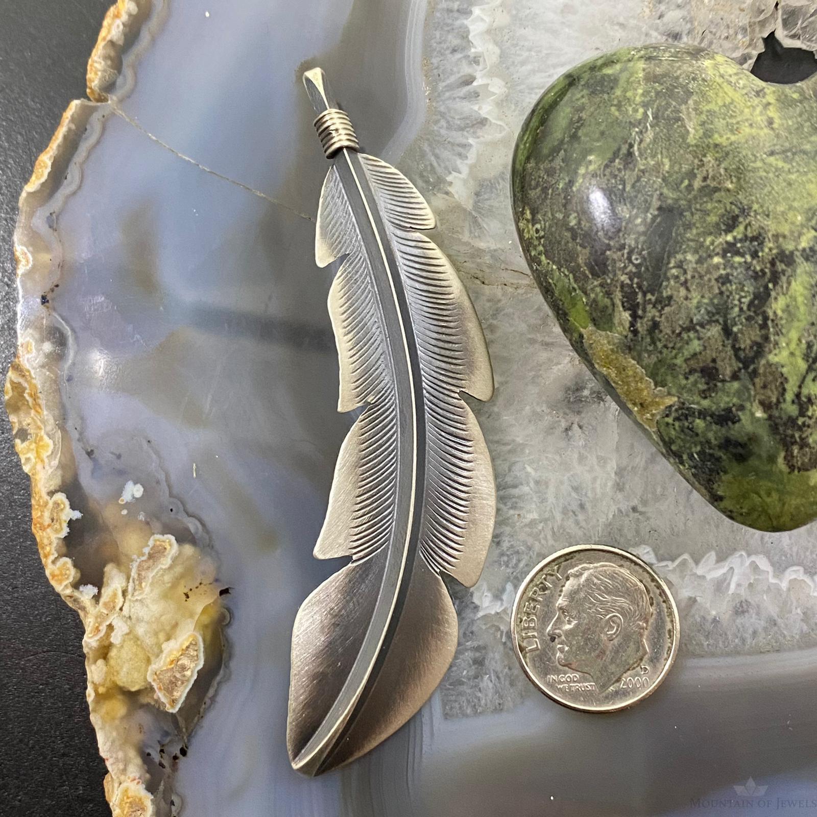 Billy Long Sterling Silver Oxidized Feather Unisex Pendant Necklace - Mountain Of Jewels