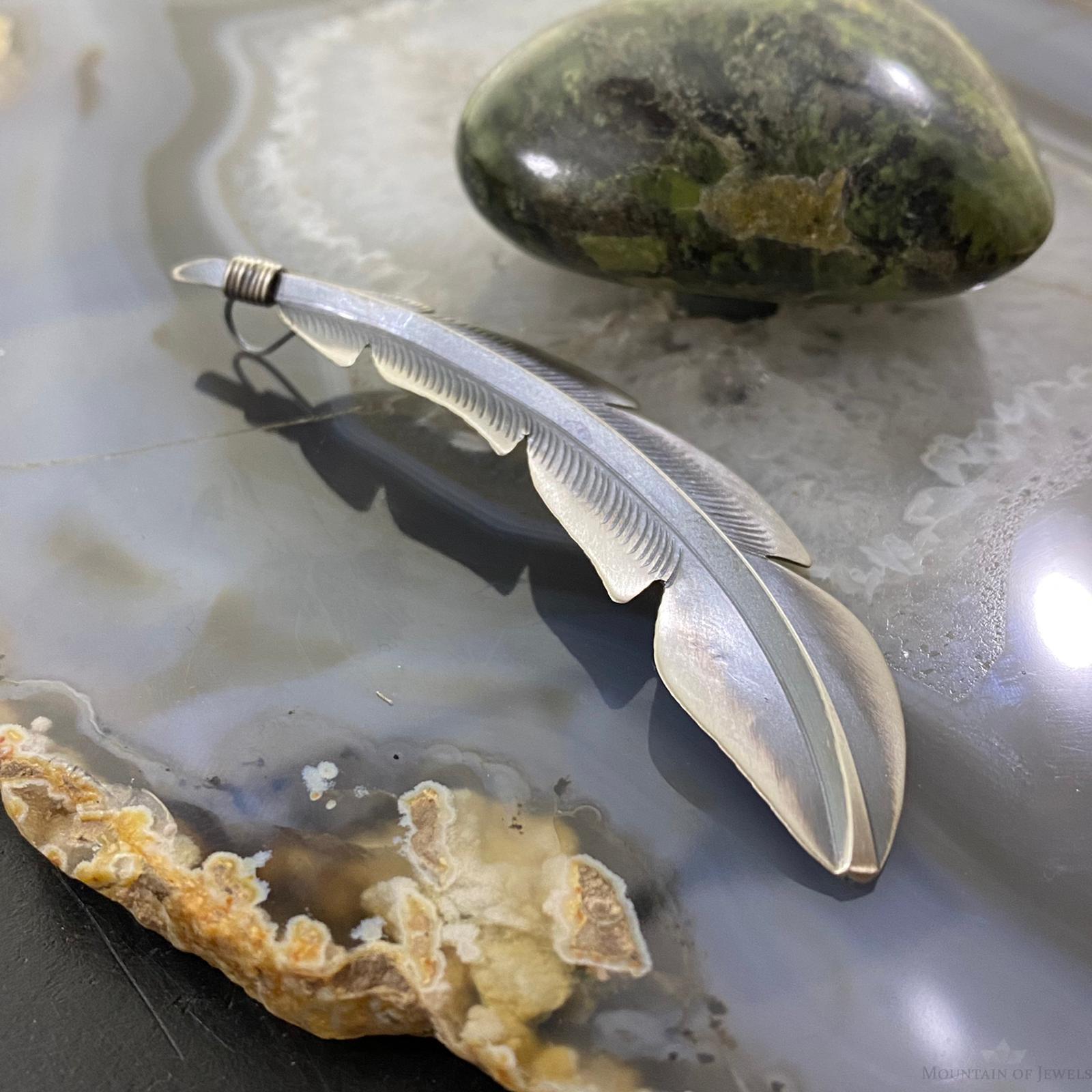Billy Long Sterling Silver Oxidized Feather Unisex Pendant Necklace - Mountain Of Jewels