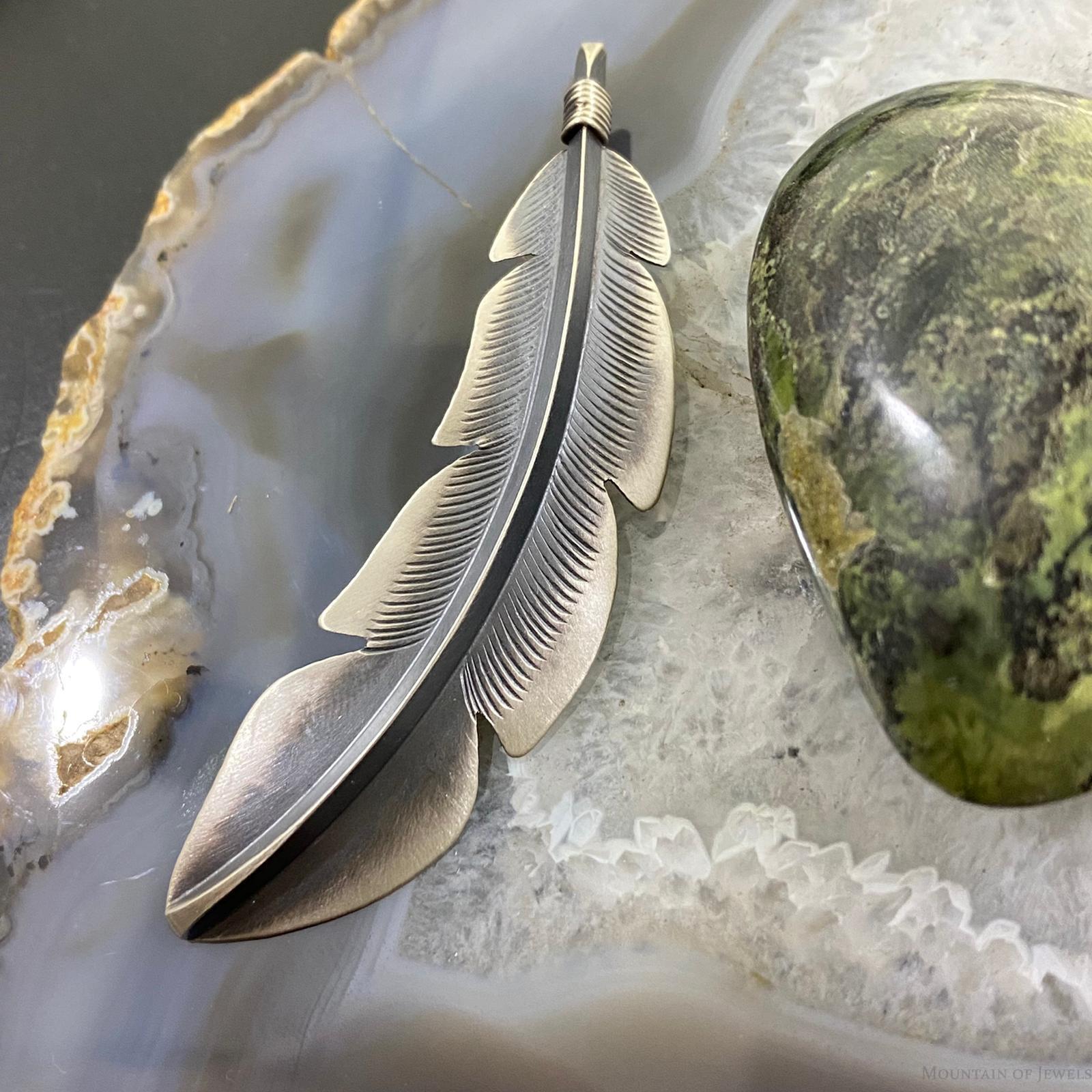 Billy Long Sterling Silver Oxidized Feather Unisex Pendant Necklace - Mountain Of Jewels