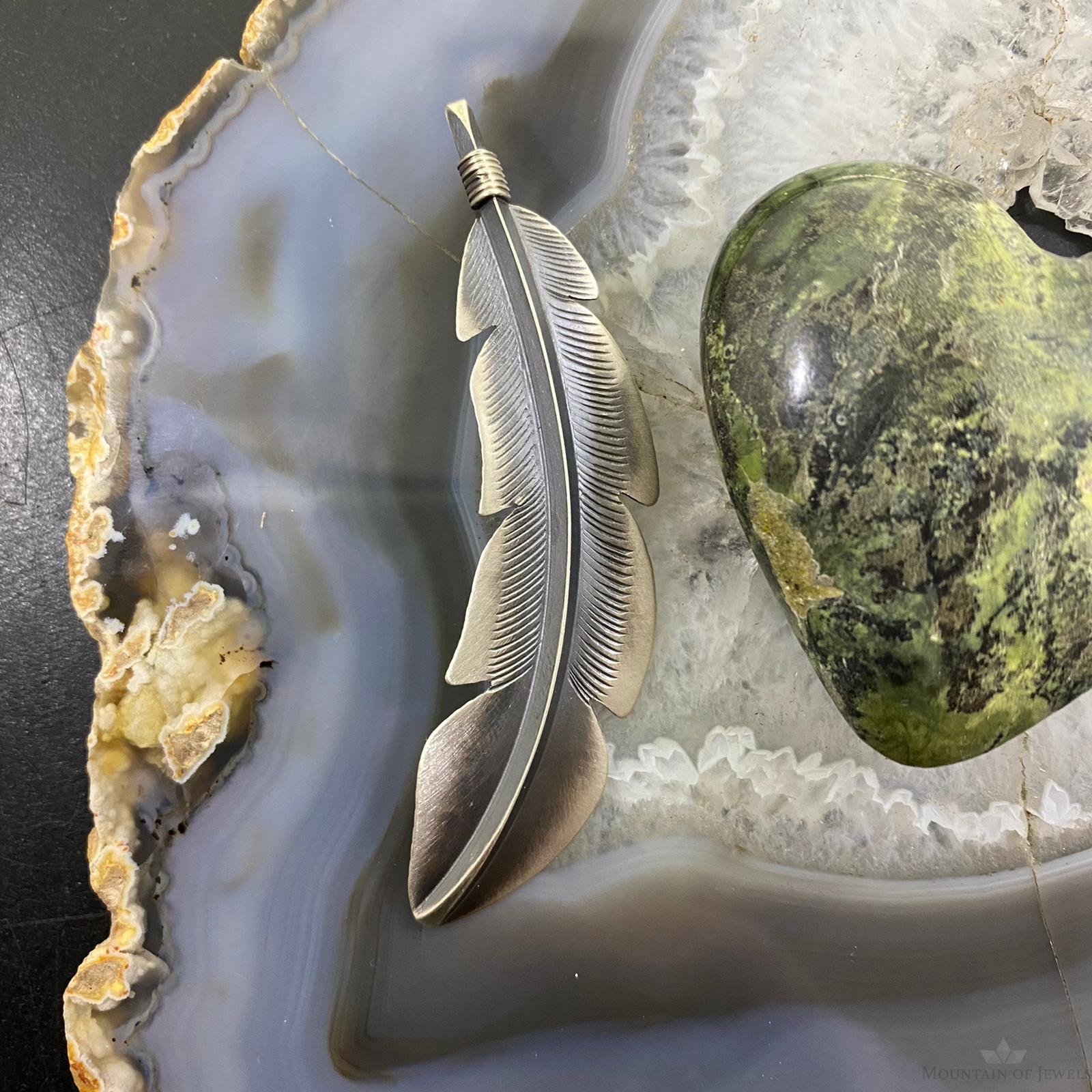 Billy Long Sterling Silver Oxidized Feather Unisex Pendant Necklace - Mountain Of Jewels