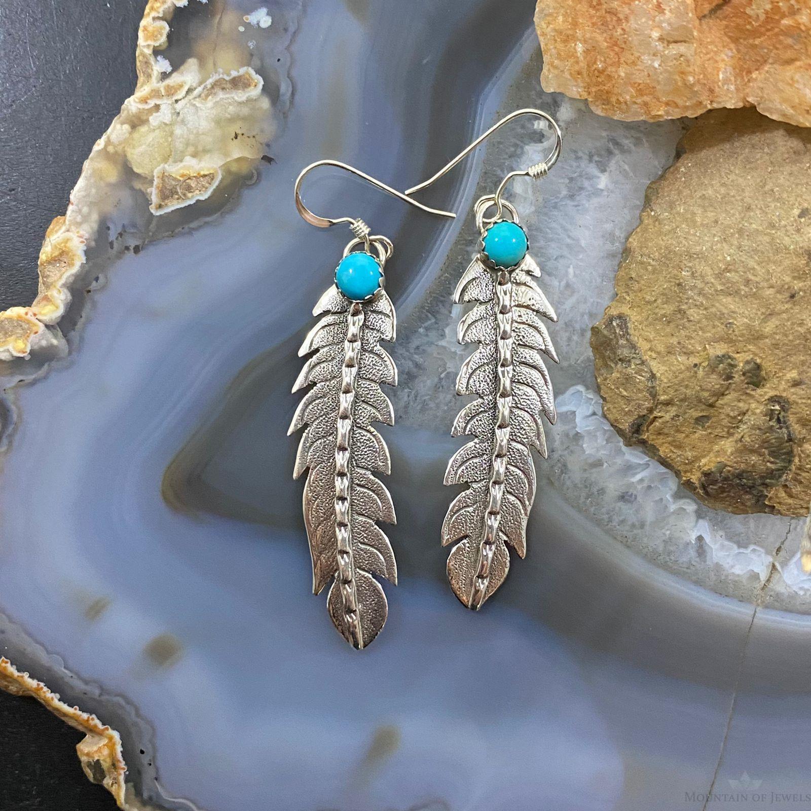 Brad Panteah Sterling Silver Turquoise Slim Feather Texture Dangle Earrings - Mountain Of Jewels