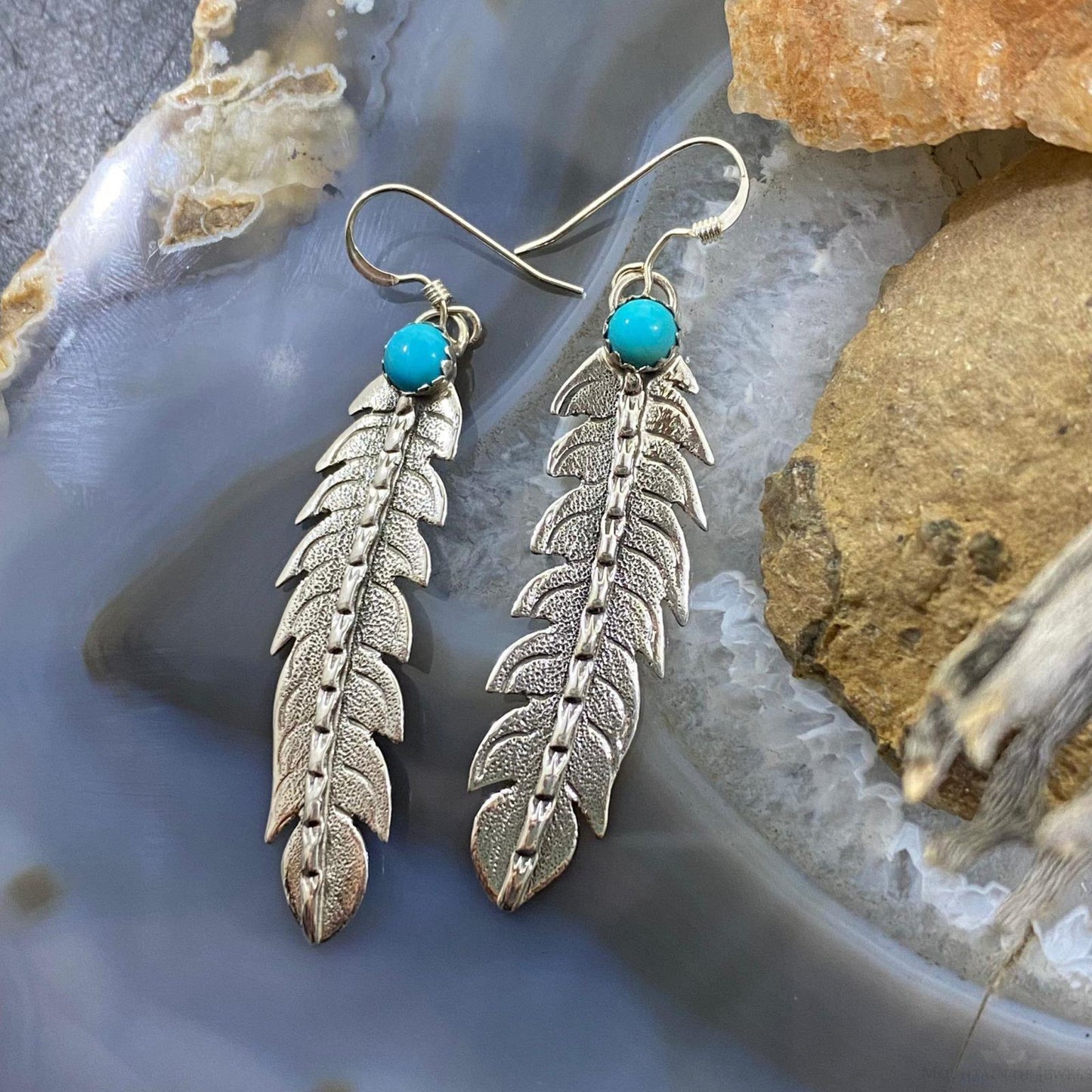 Brad Panteah Sterling Silver Turquoise Slim Feather Texture Dangle Earrings - Mountain Of Jewels