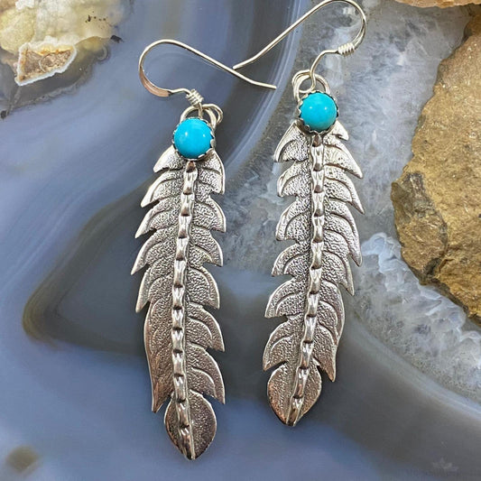 Brad Panteah Sterling Silver Turquoise Slim Feather Texture Dangle Earrings - Mountain Of Jewels