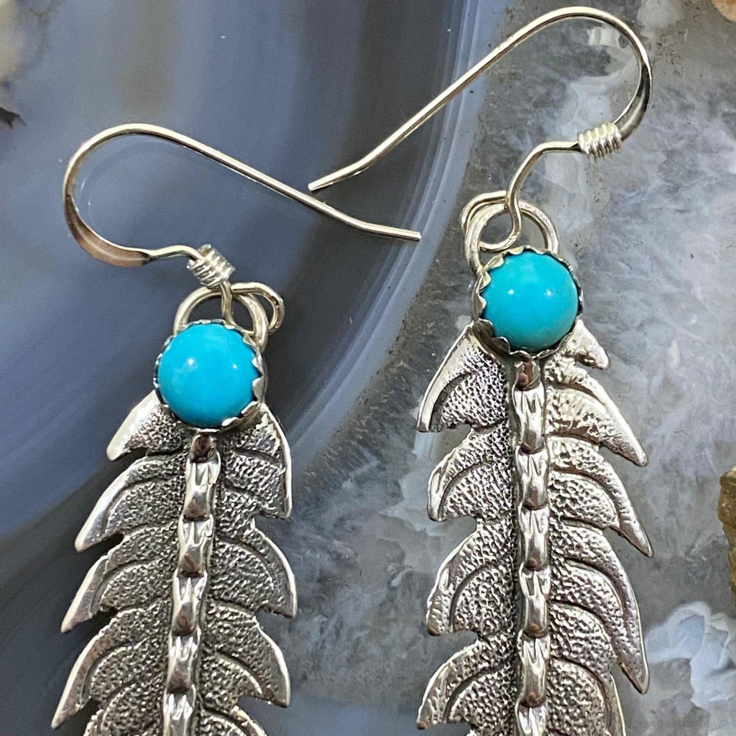 Brad Panteah Sterling Silver Turquoise Slim Feather Texture Dangle Earrings - Mountain Of Jewels