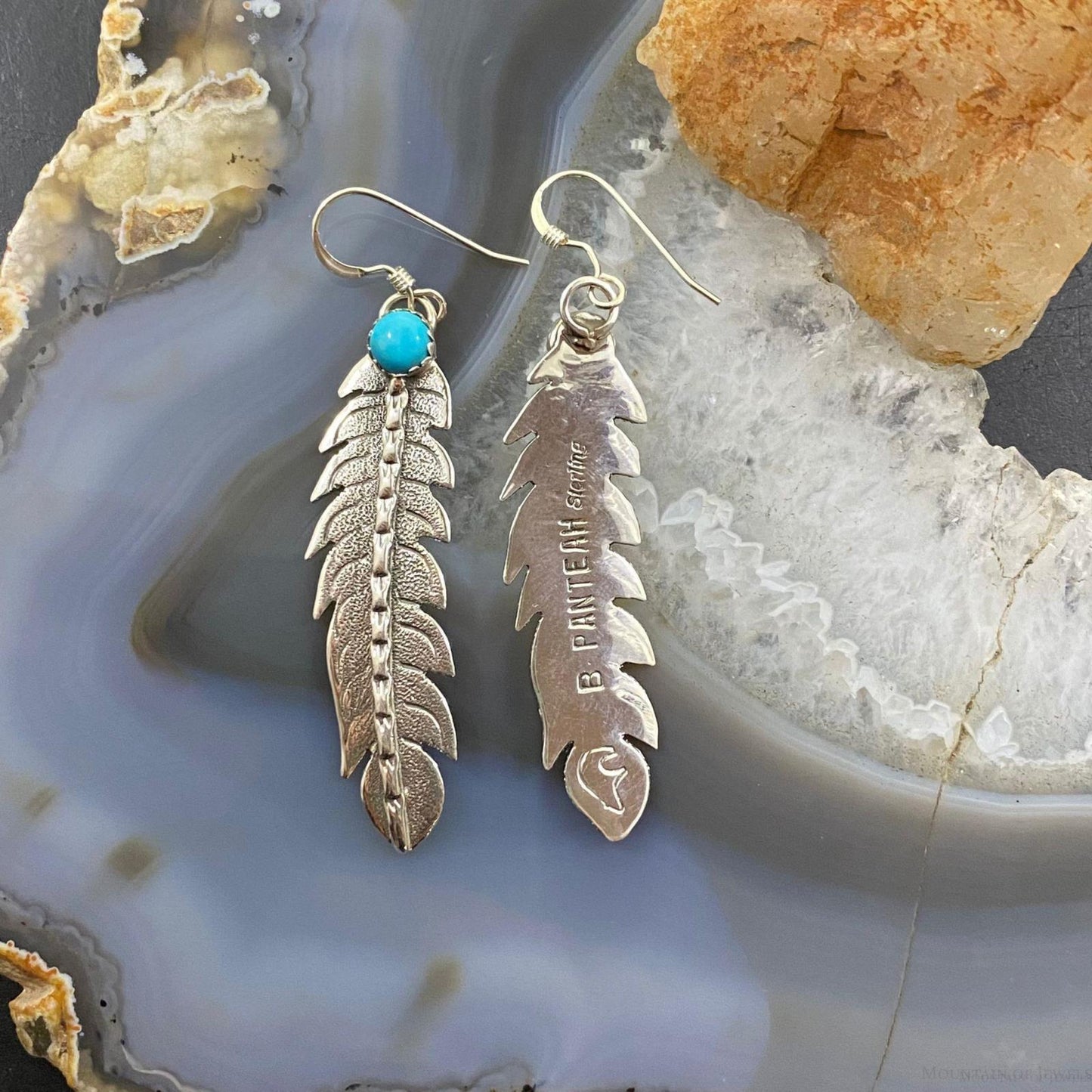 Brad Panteah Sterling Silver Turquoise Slim Feather Texture Dangle Earrings - Mountain Of Jewels