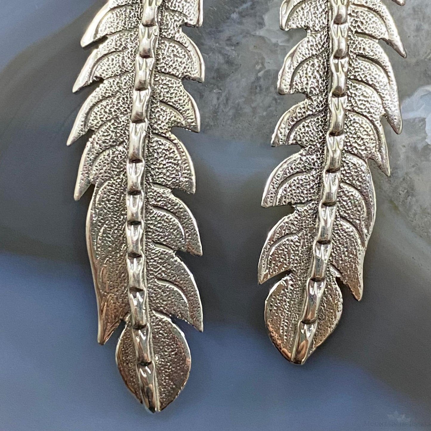 Brad Panteah Sterling Silver Turquoise Slim Feather Texture Dangle Earrings - Mountain Of Jewels