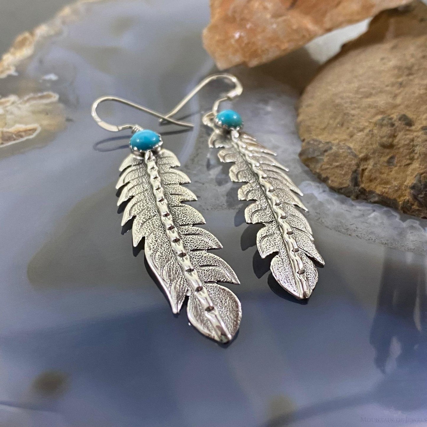 Brad Panteah Sterling Silver Turquoise Slim Feather Texture Dangle Earrings - Mountain Of Jewels