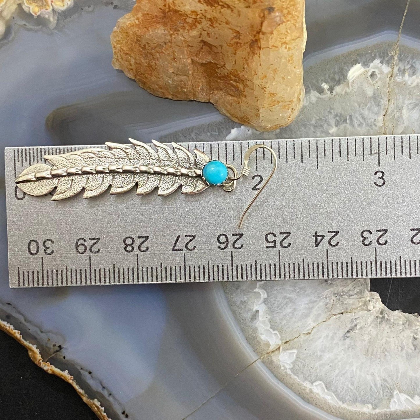 Brad Panteah Sterling Silver Turquoise Slim Feather Texture Dangle Earrings - Mountain Of Jewels