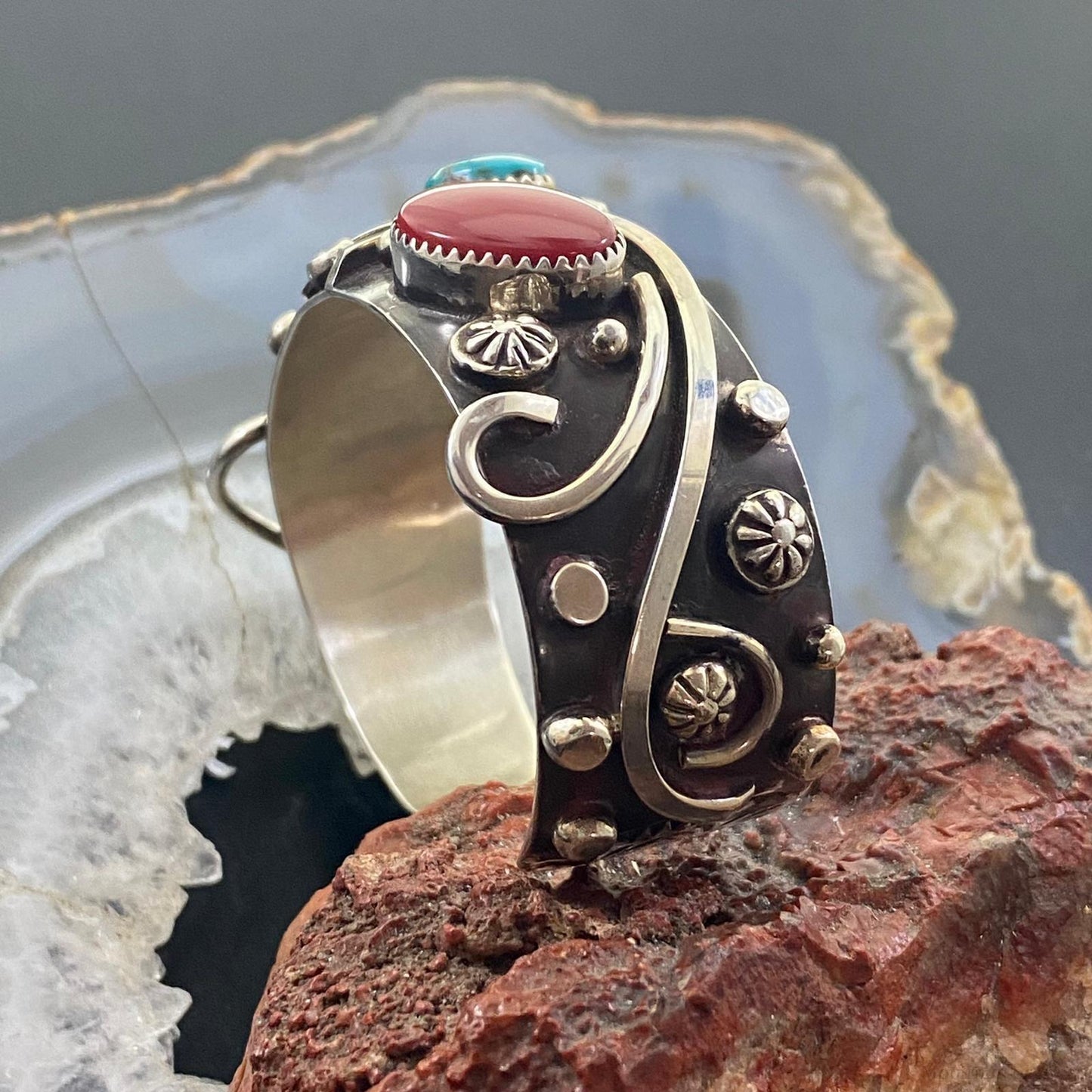 Delbert Secatero Apple Coral, Turquoise & Coral Sterling Silver Tapered Cuff - Mountain Of Jewels