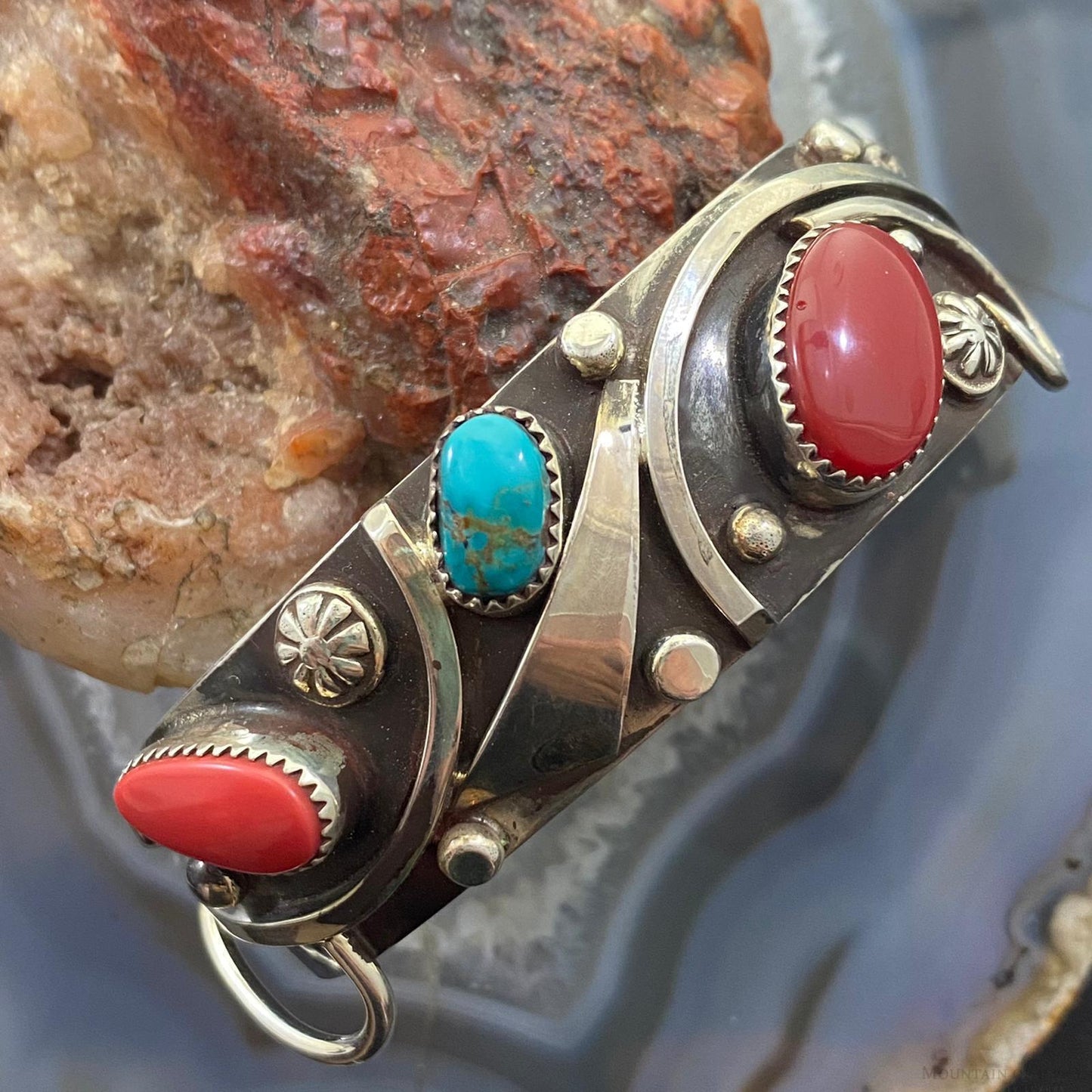 Delbert Secatero Apple Coral, Turquoise & Coral Sterling Silver Tapered Cuff - Mountain Of Jewels