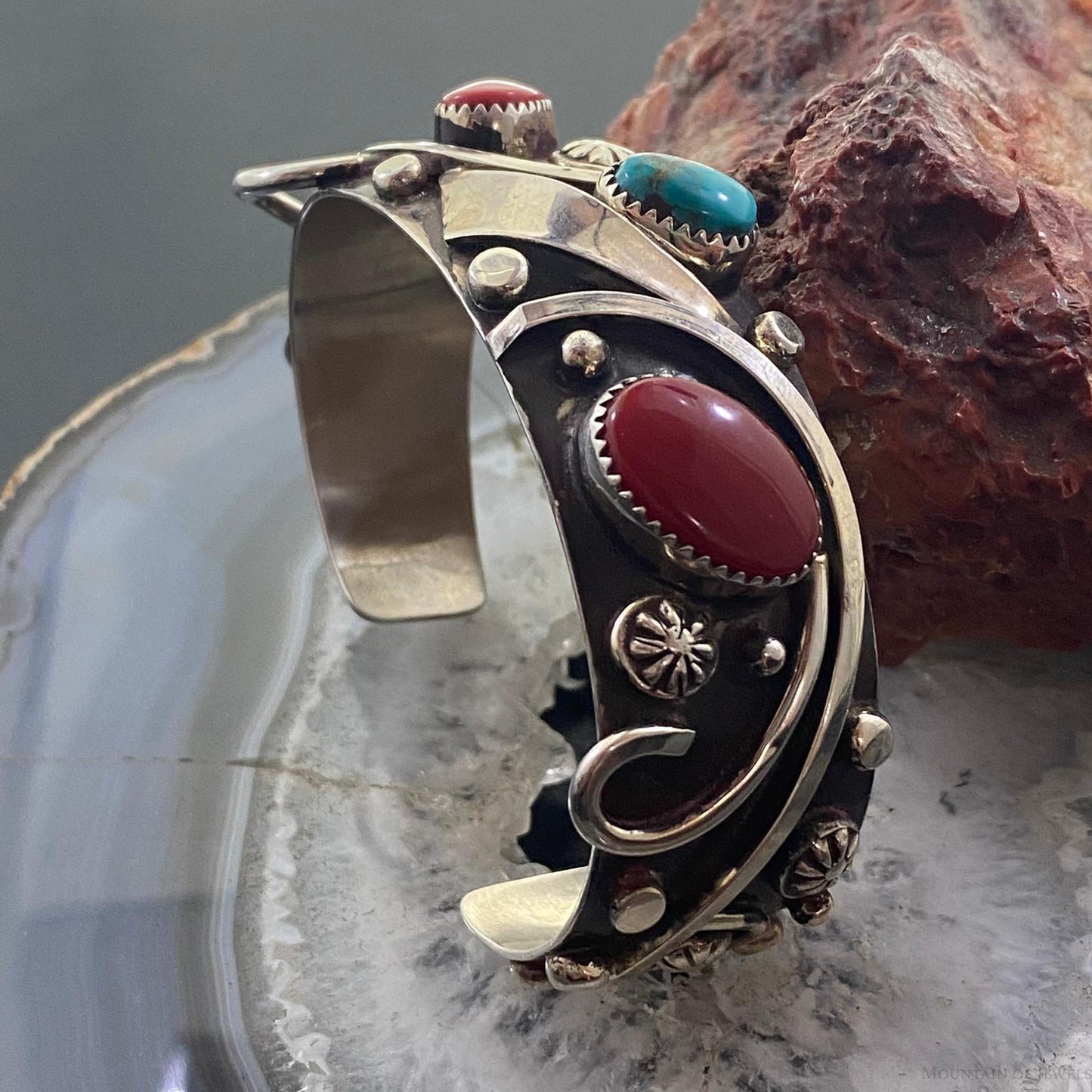 Delbert Secatero Apple Coral, Turquoise & Coral Sterling Silver Tapered Cuff - Mountain Of Jewels