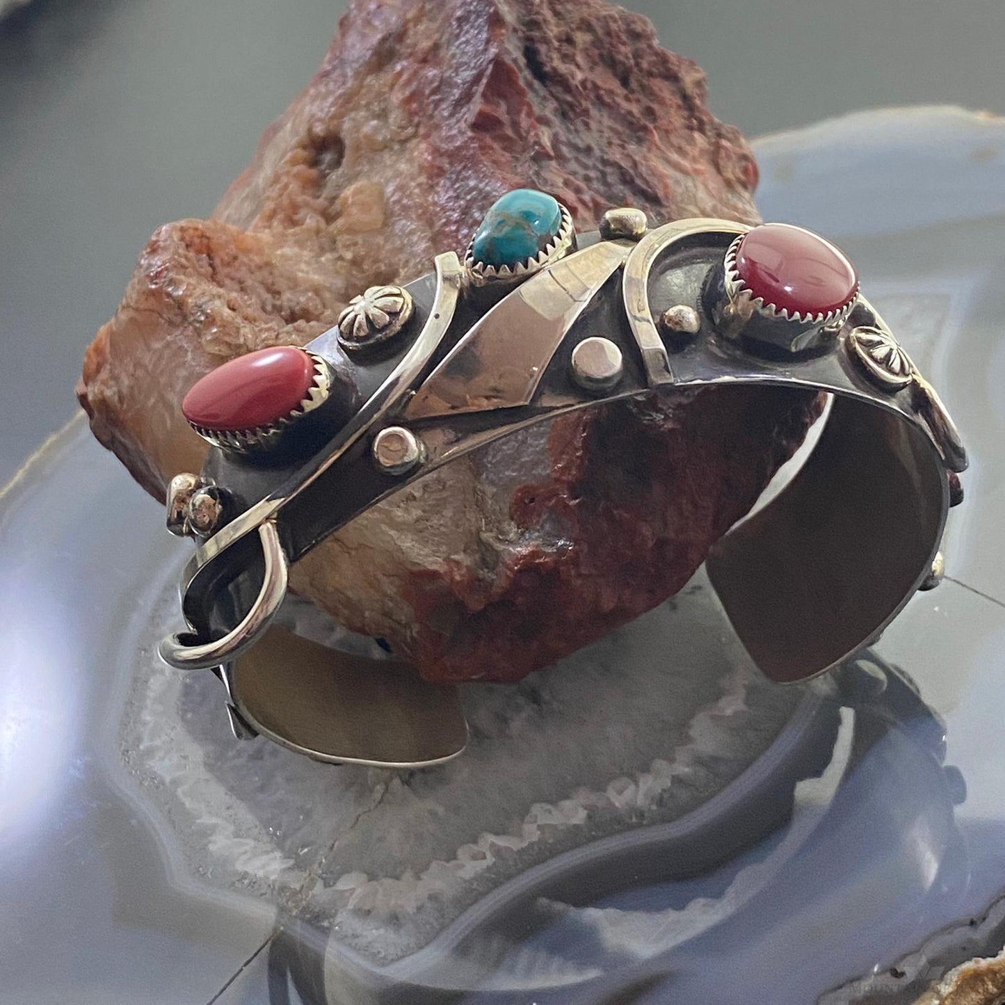 Delbert Secatero Apple Coral, Turquoise & Coral Sterling Silver Tapered Cuff - Mountain Of Jewels