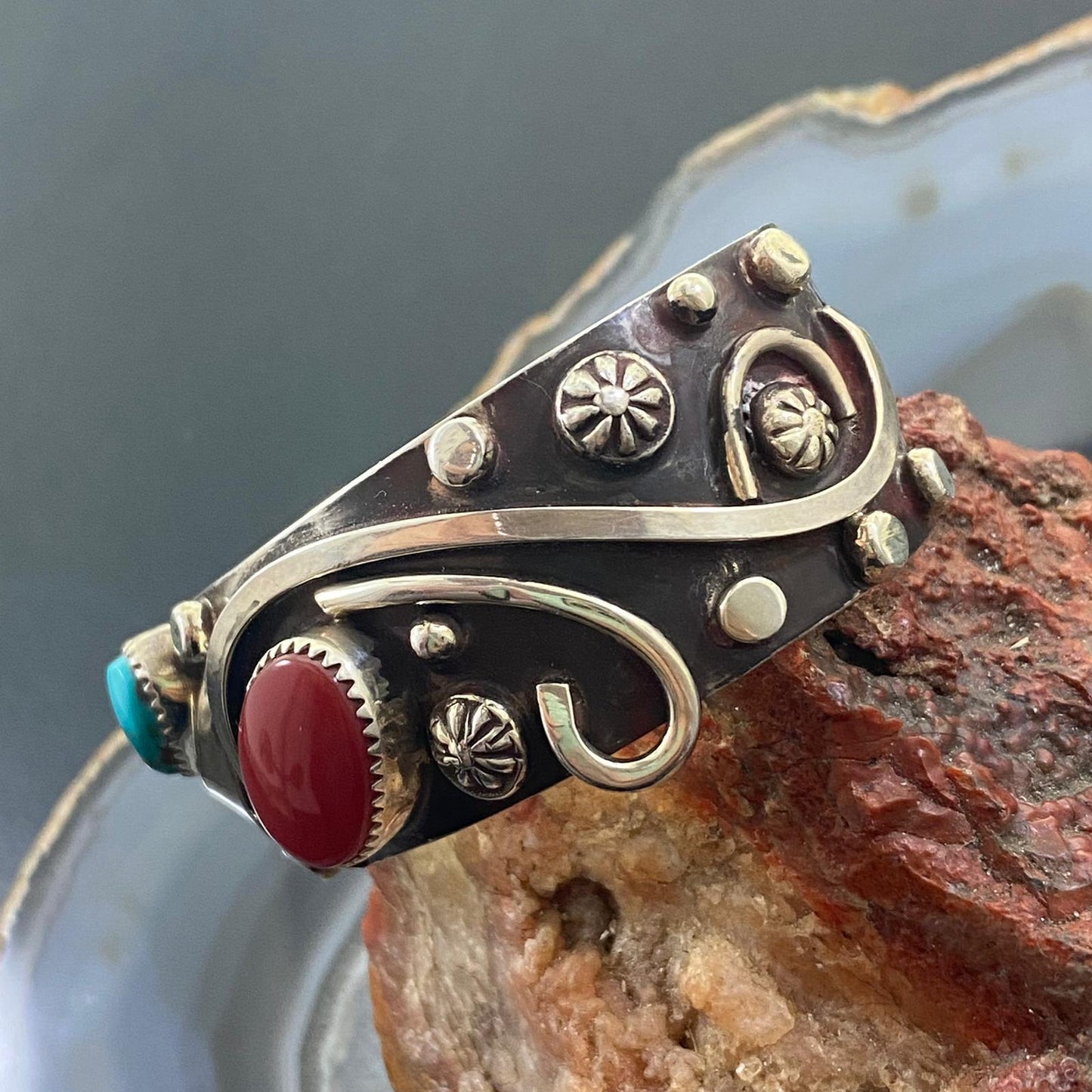 Delbert Secatero Apple Coral, Turquoise & Coral Sterling Silver Tapered Cuff - Mountain Of Jewels