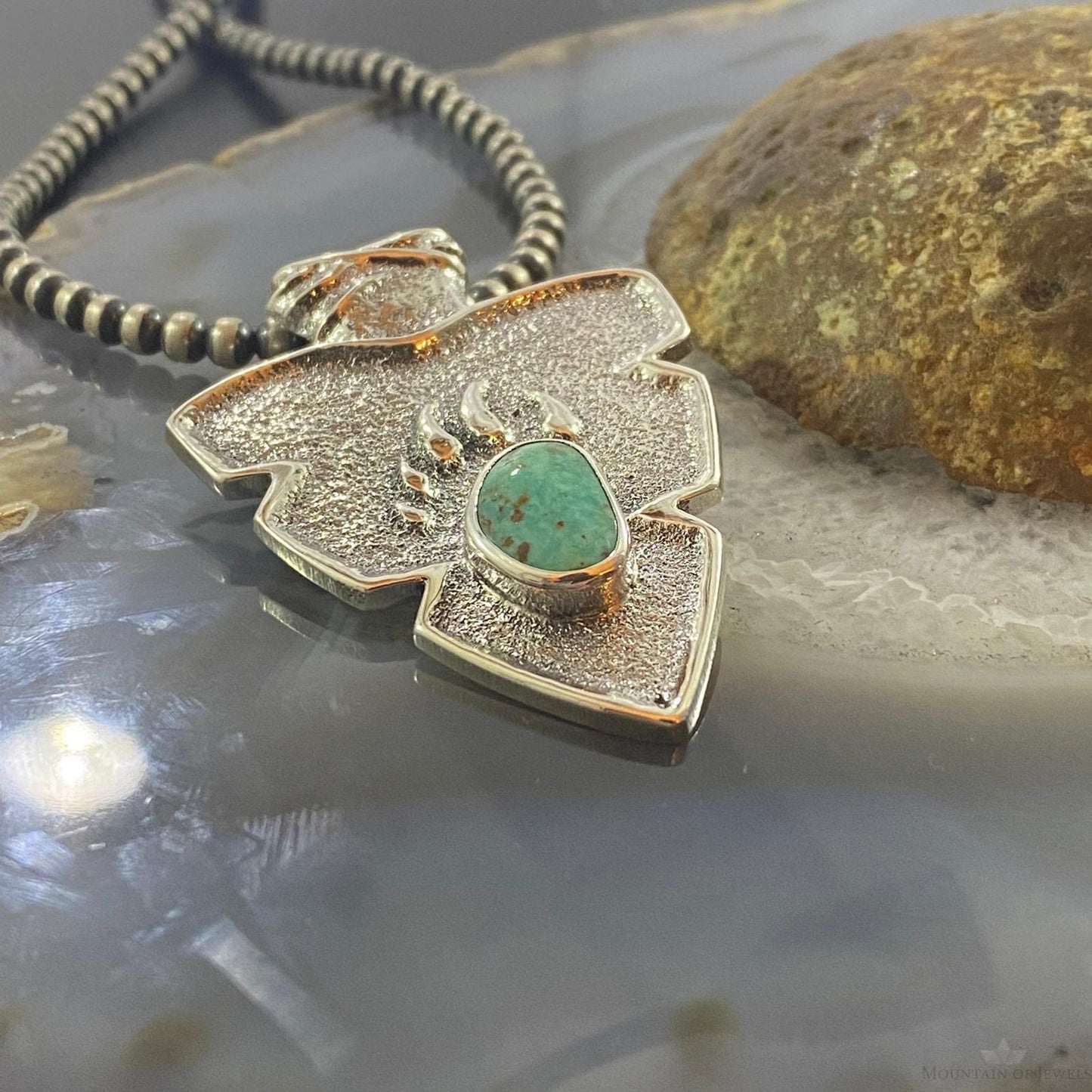 Gary Custer Sterling Silver Tufa Cast Turquoise Bear Claw Arrowhead Uni Pendant - Mountain of Jewels