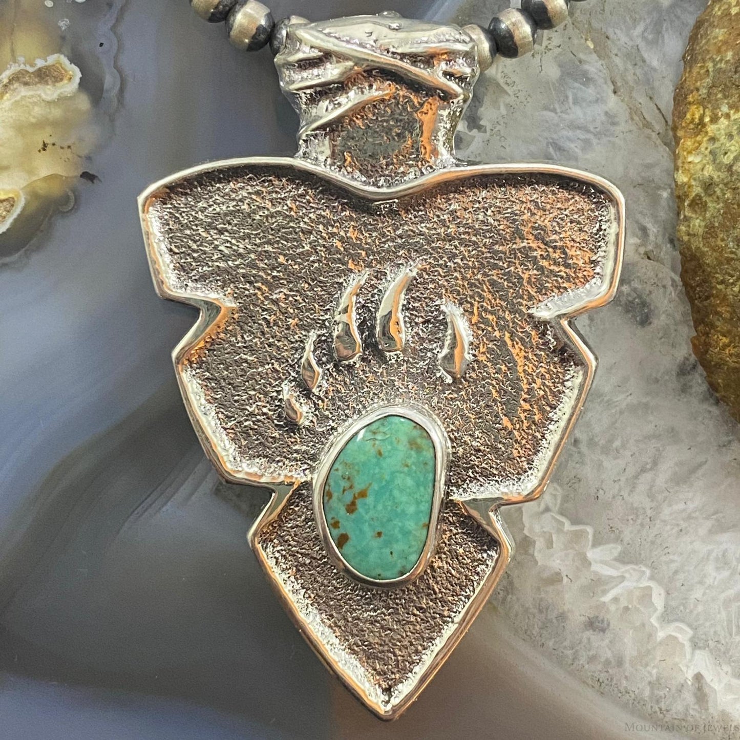 Gary Custer Sterling Silver Tufa Cast Turquoise Bear Claw Arrowhead Uni Pendant - Mountain of Jewels