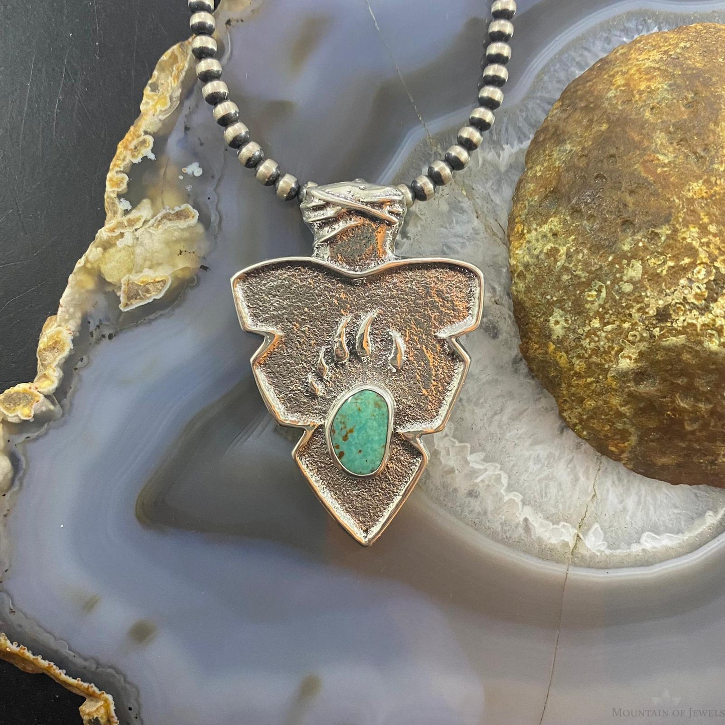Gary Custer Sterling Silver Tufa Cast Turquoise Bear Claw Arrowhead Uni Pendant - Mountain of Jewels