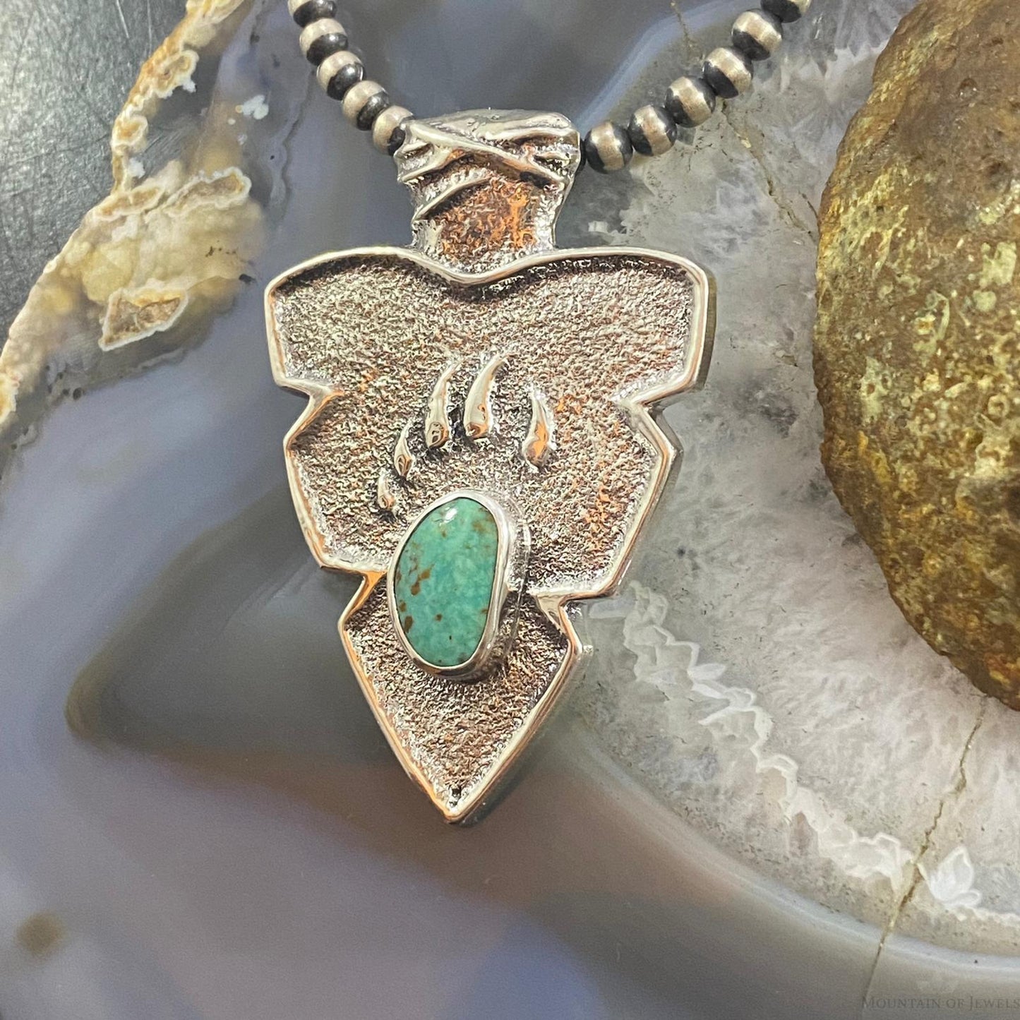 Gary Custer Sterling Silver Tufa Cast Turquoise Bear Claw Arrowhead Uni Pendant - Mountain of Jewels