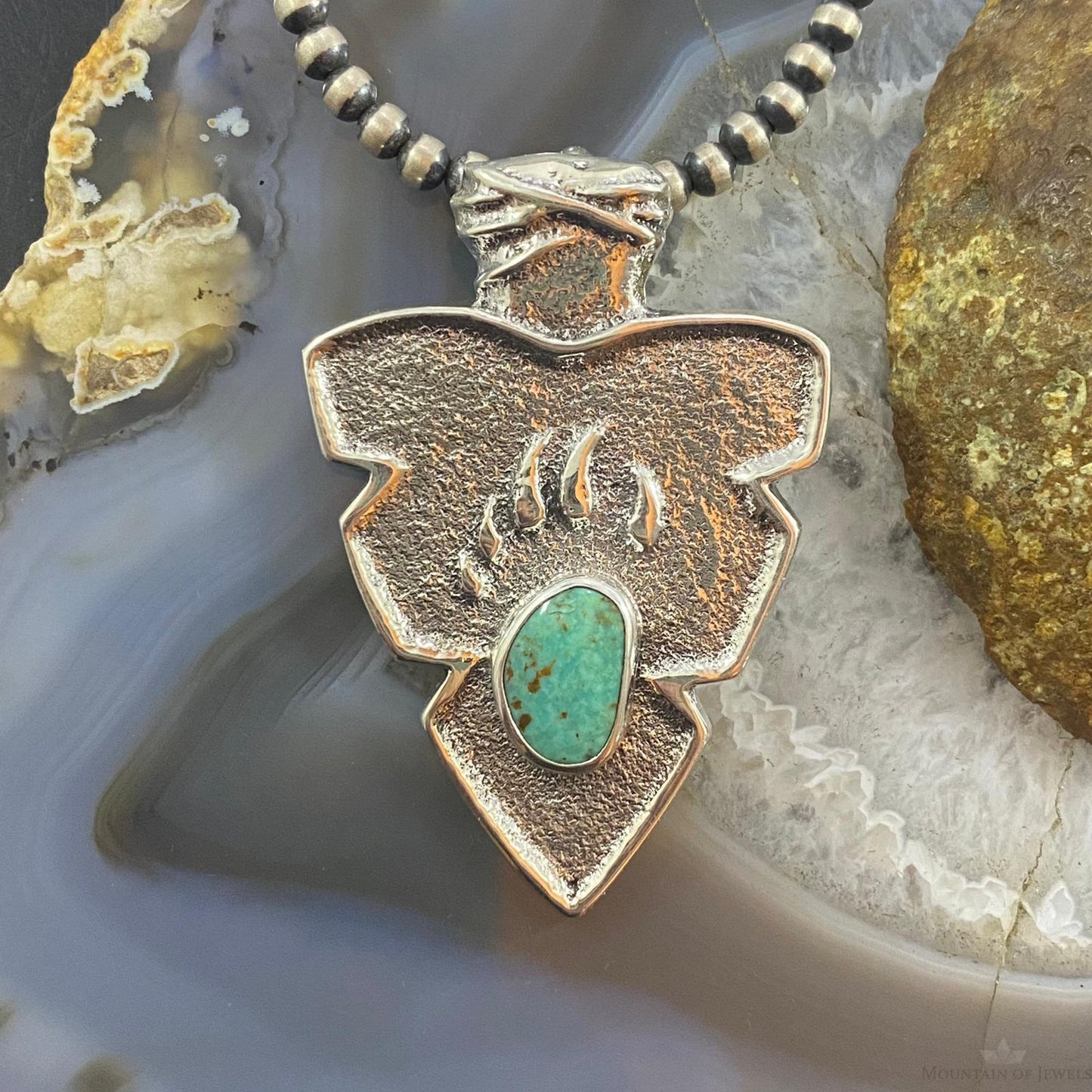 Gary Custer Sterling Silver Tufa Cast Turquoise Bear Claw Arrowhead Uni Pendant - Mountain of Jewels