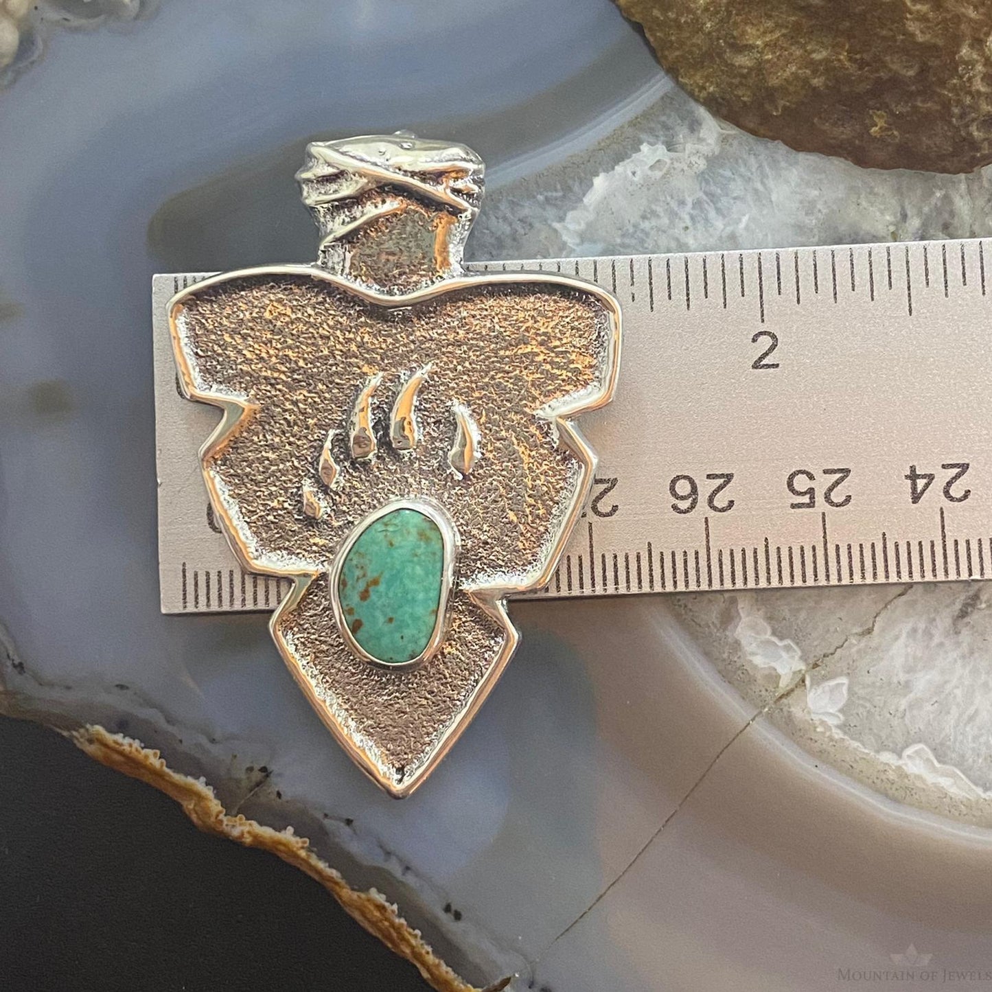 Gary Custer Sterling Silver Tufa Cast Turquoise Bear Claw Arrowhead Uni Pendant - Mountain of Jewels