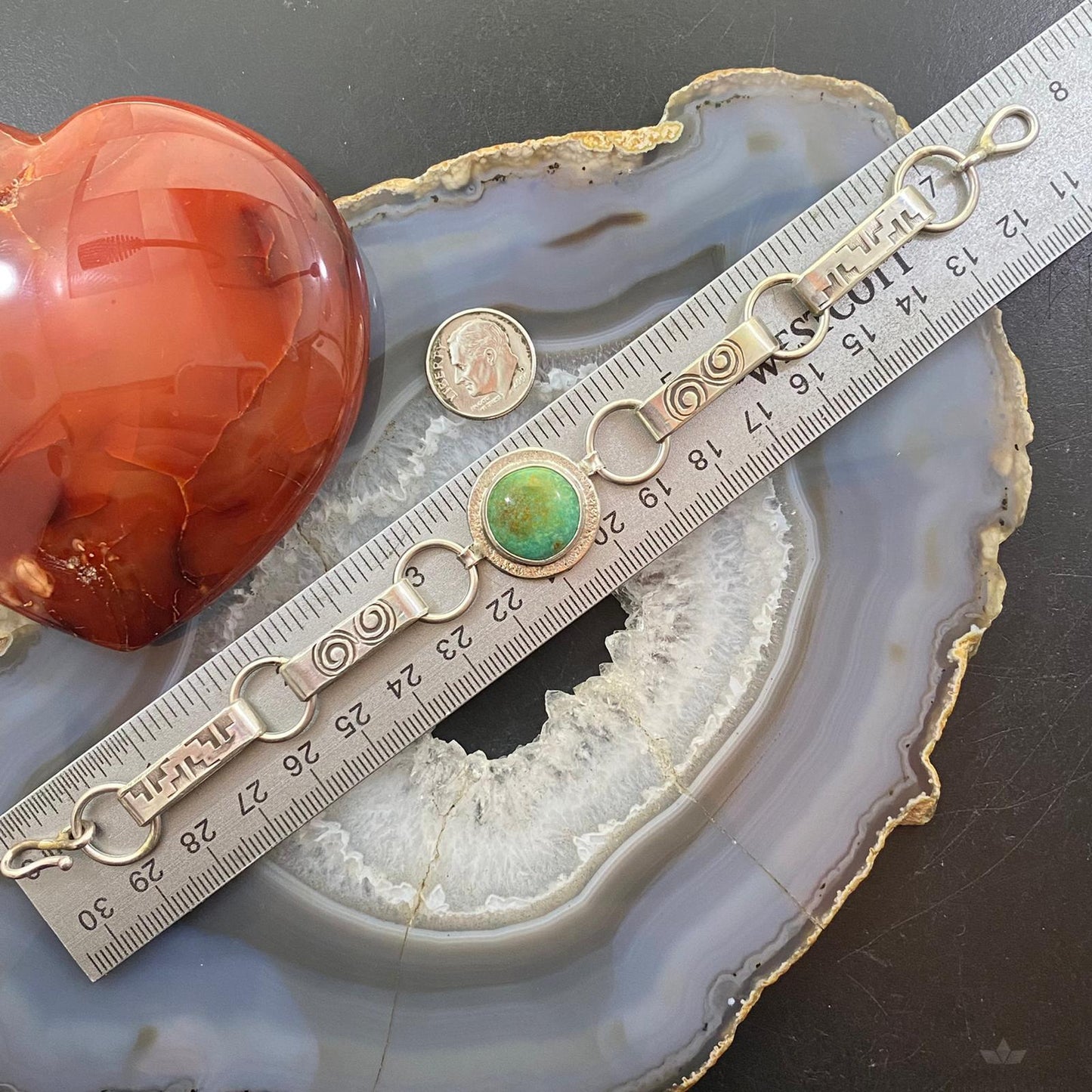 Joel Pajarito Native American Sterling Silver Turquoise Stamped Link Bracelet - Mountain of Jewels