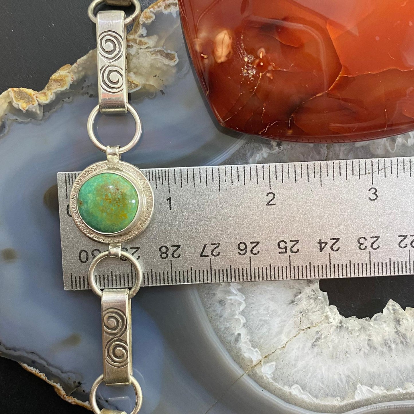 Joel Pajarito Native American Sterling Silver Turquoise Stamped Link Bracelet - Mountain of Jewels