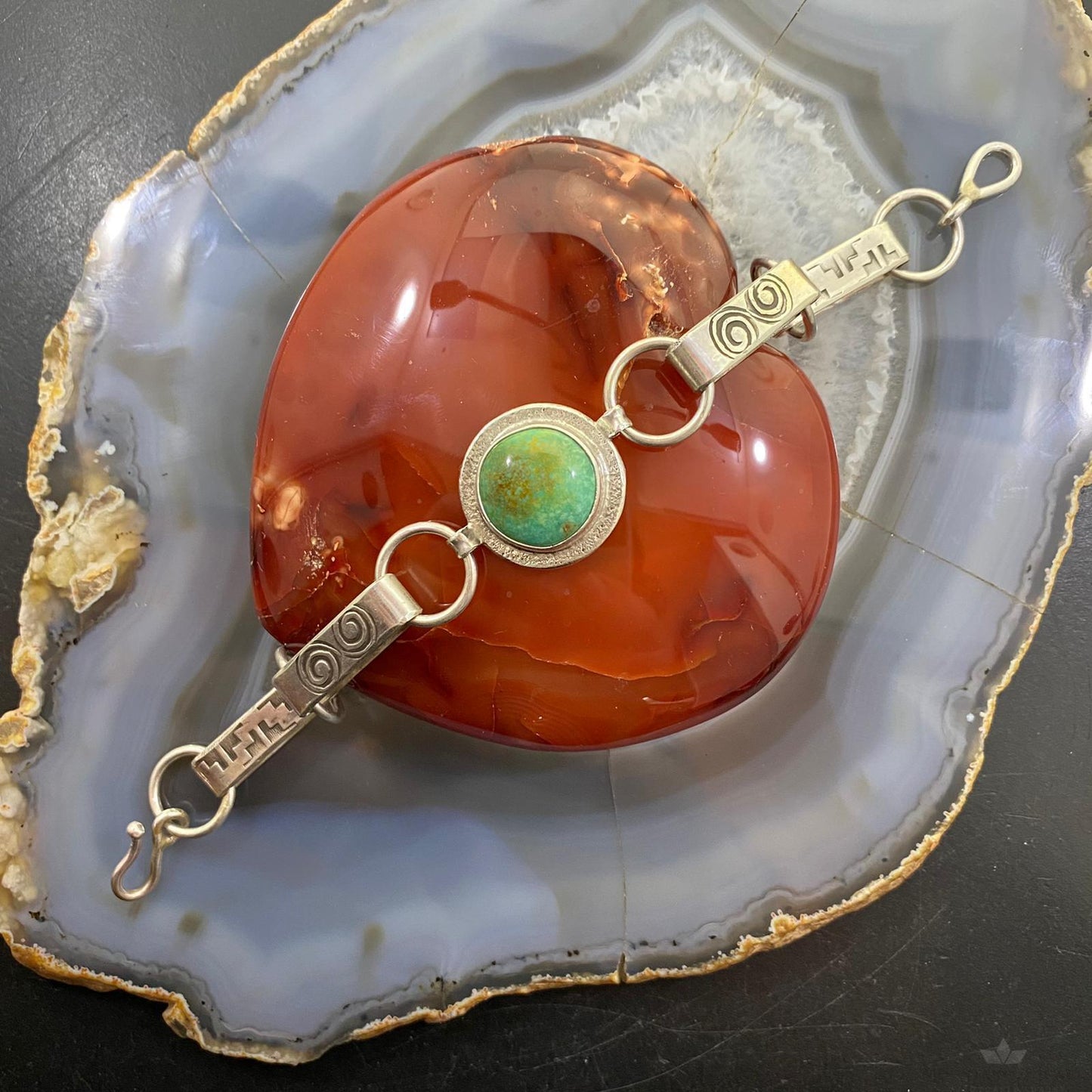 Joel Pajarito Native American Sterling Silver Turquoise Stamped Link Bracelet - Mountain of Jewels