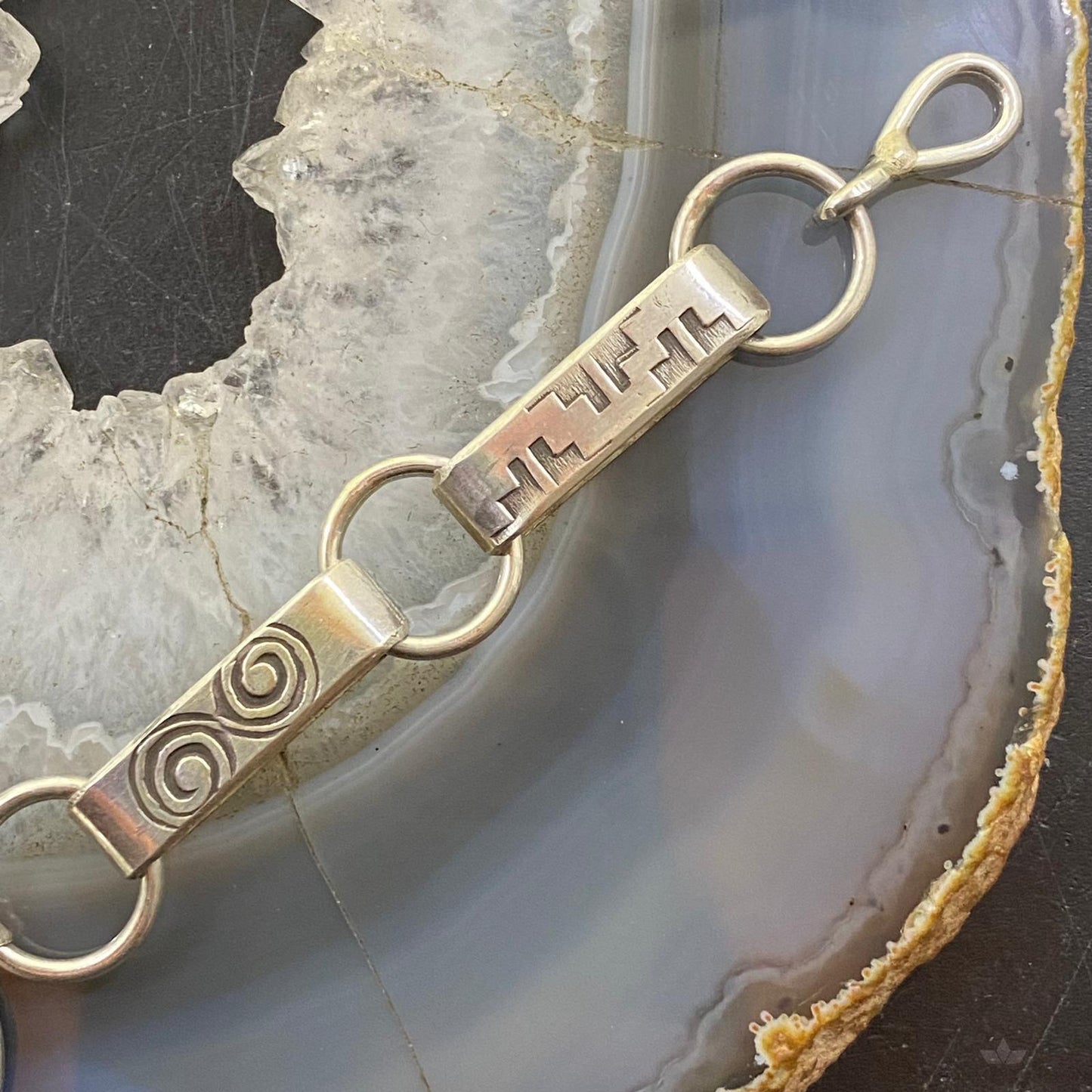 Joel Pajarito Native American Sterling Silver Turquoise Stamped Link Bracelet - Mountain of Jewels