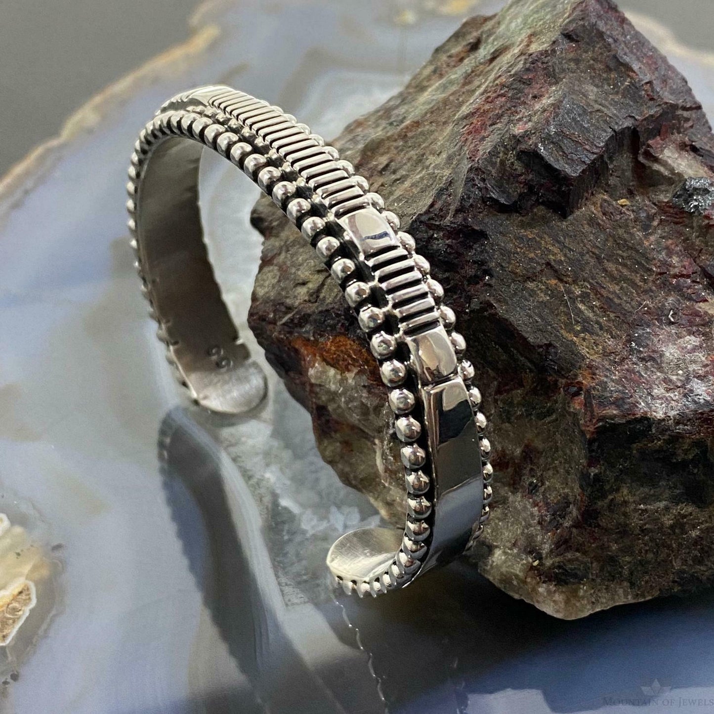 Johnathan Nez Sterling Silver Shiny Overlay Stripes Bracelet Cuff For Women - Mountain Of Jewels