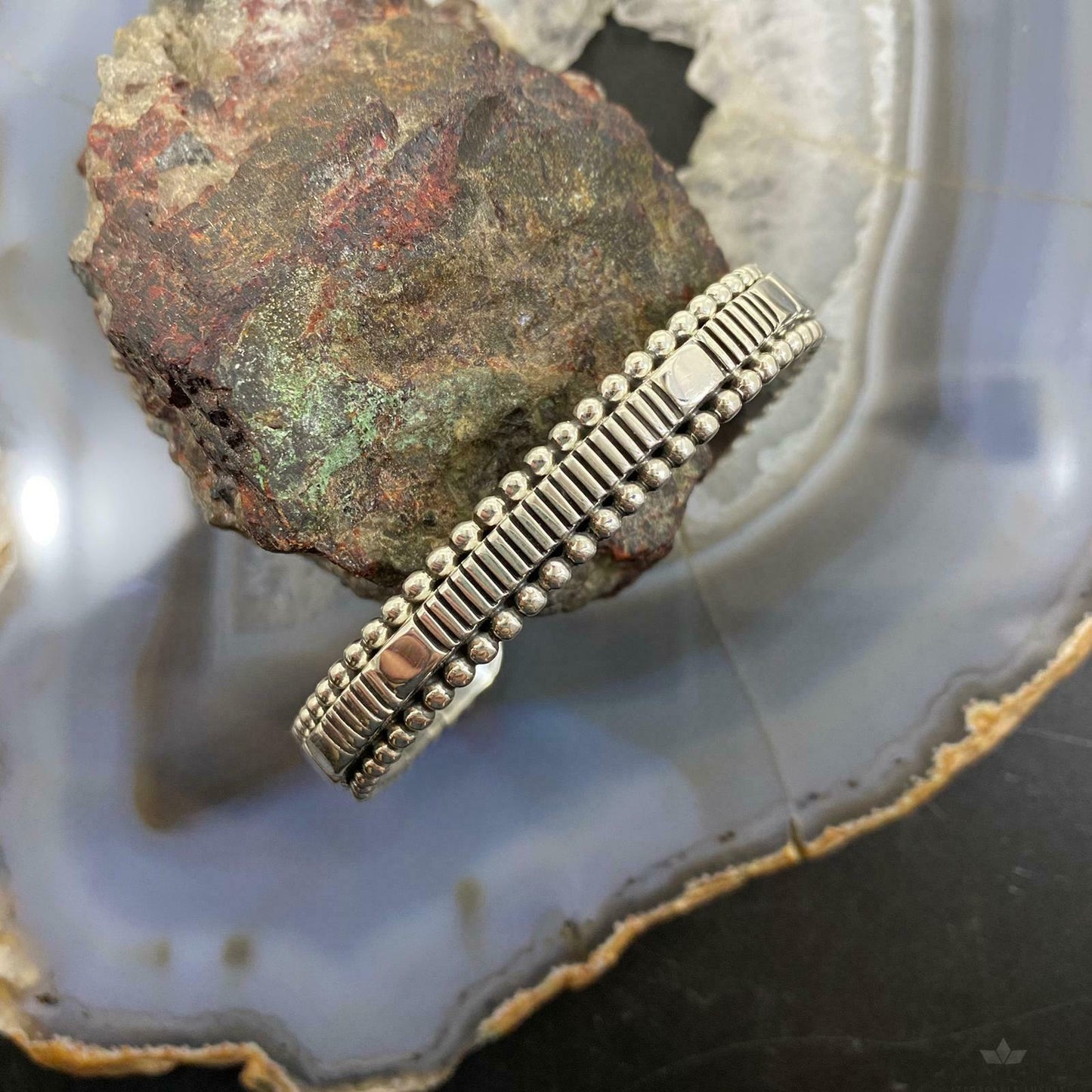 Johnathan Nez Sterling Silver Shiny Overlay Stripes Bracelet Cuff For Women - Mountain Of Jewels