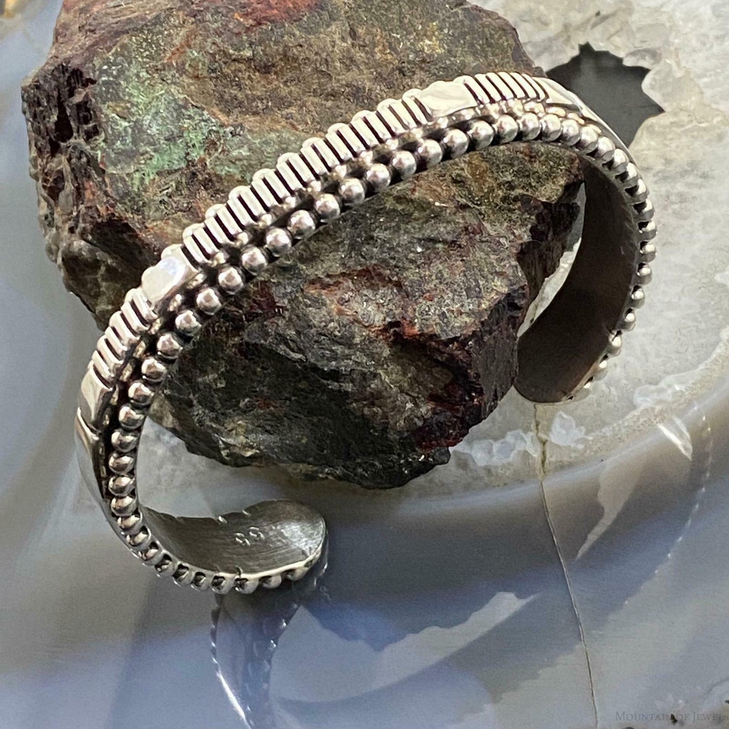 Johnathan Nez Sterling Silver Shiny Overlay Stripes Bracelet Cuff For Women - Mountain Of Jewels