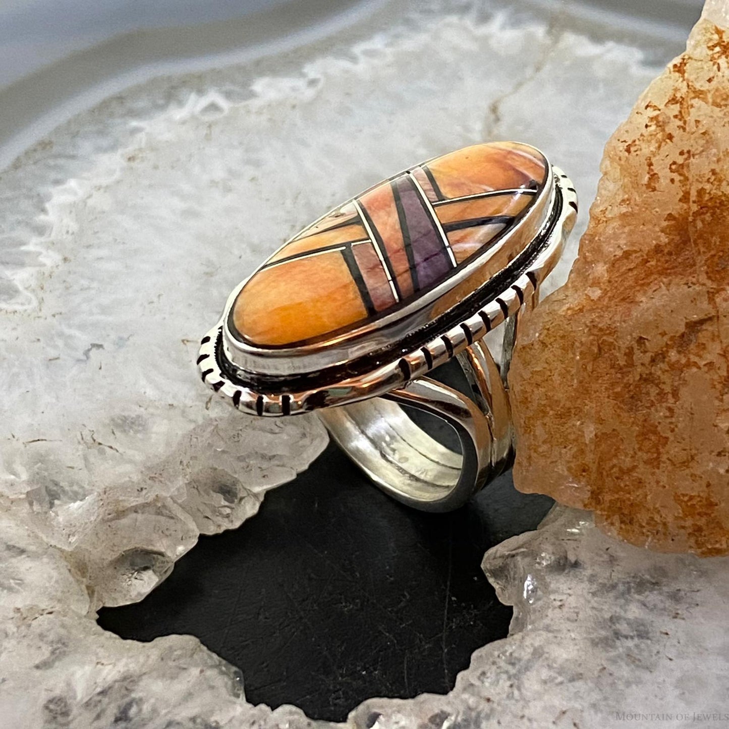 Native American Sterling Elongated Oval Multi Spiny Oyster Inlay Ring Size 6 - Mountain Of Jewels